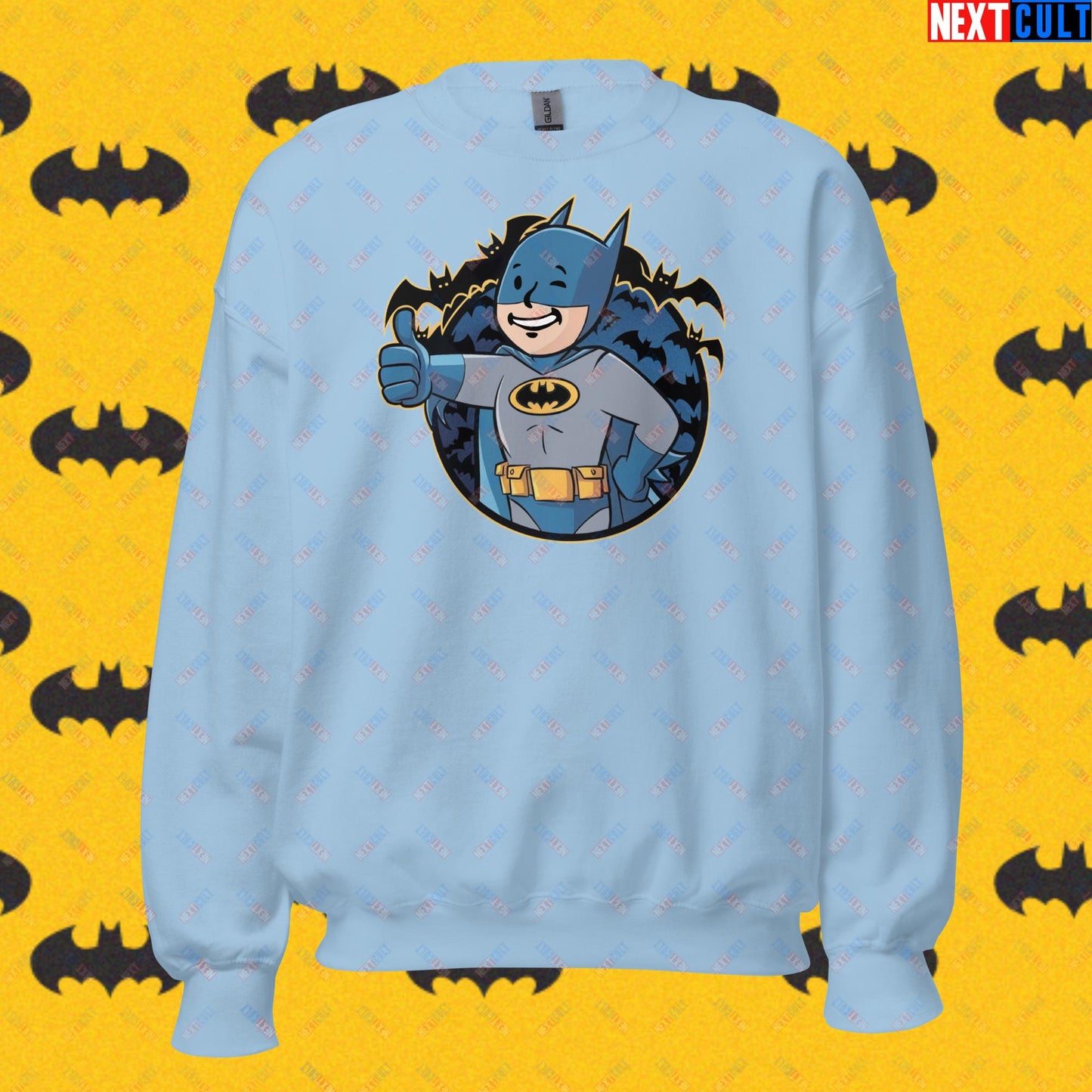 Bat Boy Batman Vault Boy Fallout Funny Cartoon Mashup Unisex Sweatshirt Light Blue Sweatshirts Batman Christian Bale Fallout Movies Superheroes Vault Boy Next Cult Brand