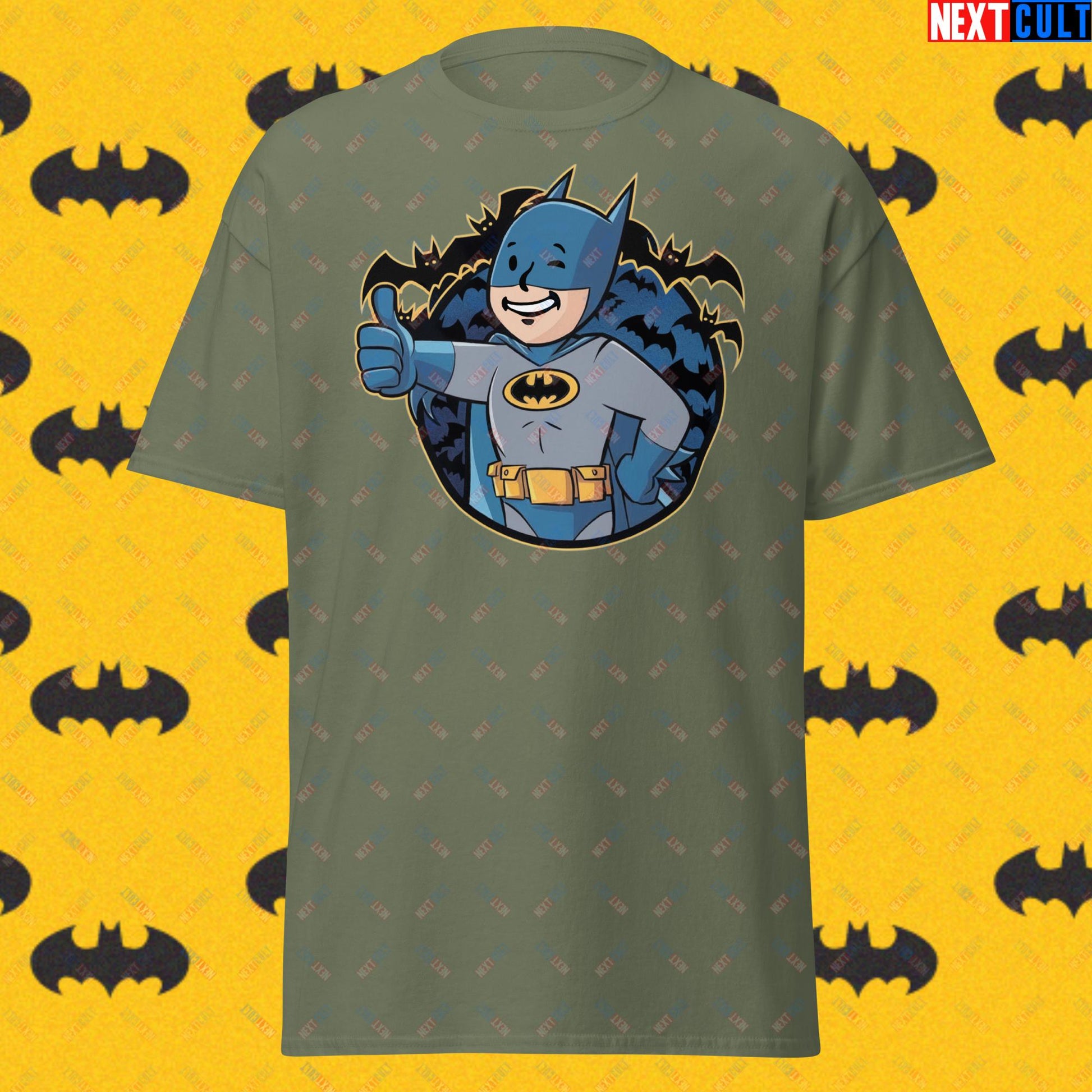 Bat Boy Batman Vault Boy Fallout Funny Cartoon Mashup Unisex tee Military Green T-shirts Batman Christian Bale Fallout Movies Superheroes Vault Boy Next Cult Brand