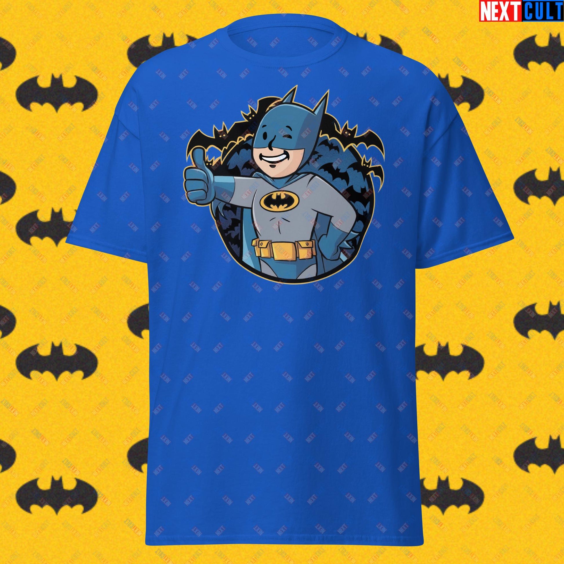 Bat Boy Batman Vault Boy Fallout Funny Cartoon Mashup Unisex tee Royal T-shirts Batman Christian Bale Fallout Movies Superheroes Vault Boy Next Cult Brand