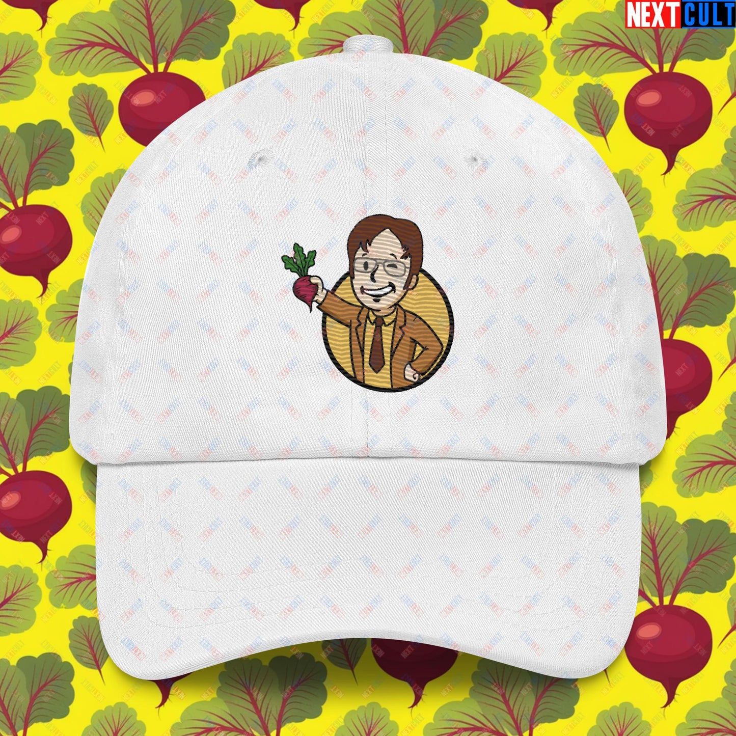 Beets Boy Dwight Schrute The Office Vault Boy Fallout Funny Meme Cartoon Mashup Dad hat White Hats Fallout The Office TV Shows Vault Boy Next Cult Brand