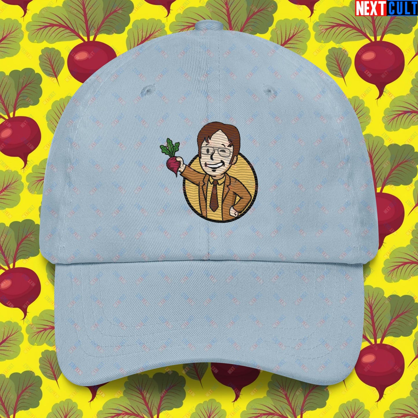 Beets Boy Dwight Schrute The Office Vault Boy Fallout Funny Meme Cartoon Mashup Dad hat Light Blue Hats Fallout The Office TV Shows Vault Boy Next Cult Brand