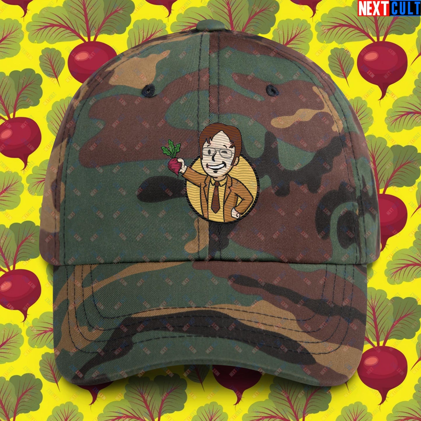 Beets Boy Dwight Schrute The Office Vault Boy Fallout Funny Meme Cartoon Mashup Dad hat Green Camo Hats Fallout The Office TV Shows Vault Boy Next Cult Brand