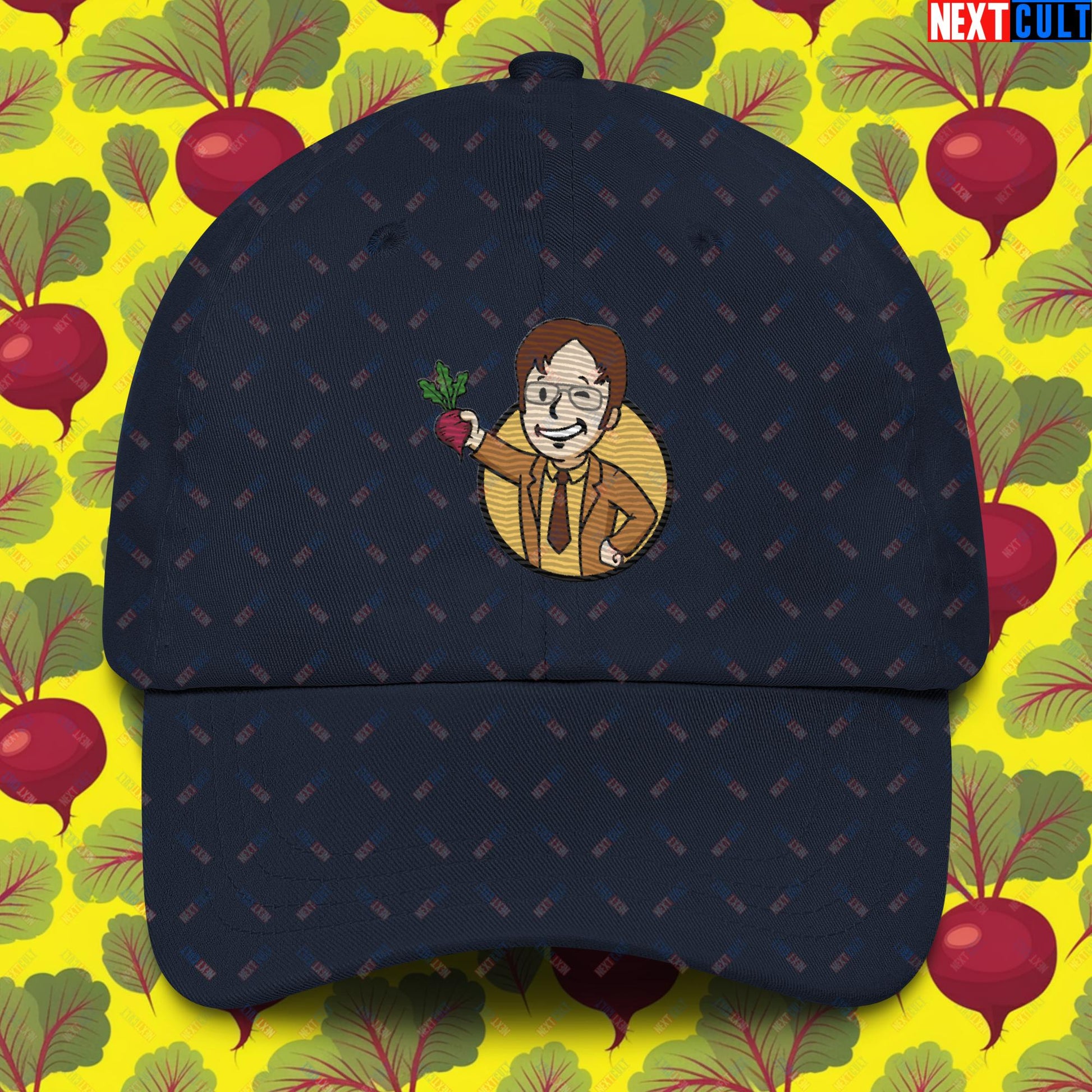 Beets Boy Dwight Schrute The Office Vault Boy Fallout Funny Meme Cartoon Mashup Dad hat Navy Hats Fallout The Office TV Shows Vault Boy Next Cult Brand