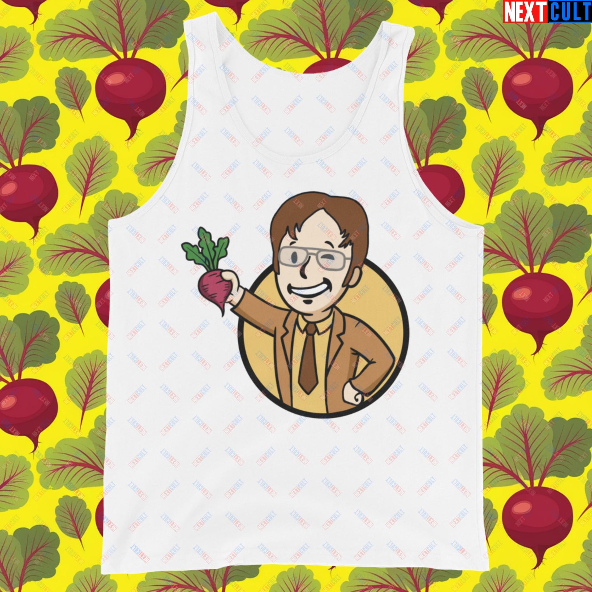 Beets Boy Dwight Schrute The Office Vault Boy Fallout Funny Meme Cartoon Mashup Tank Top White Tank Tops Fallout The Office TV Shows Vault Boy Next Cult Brand