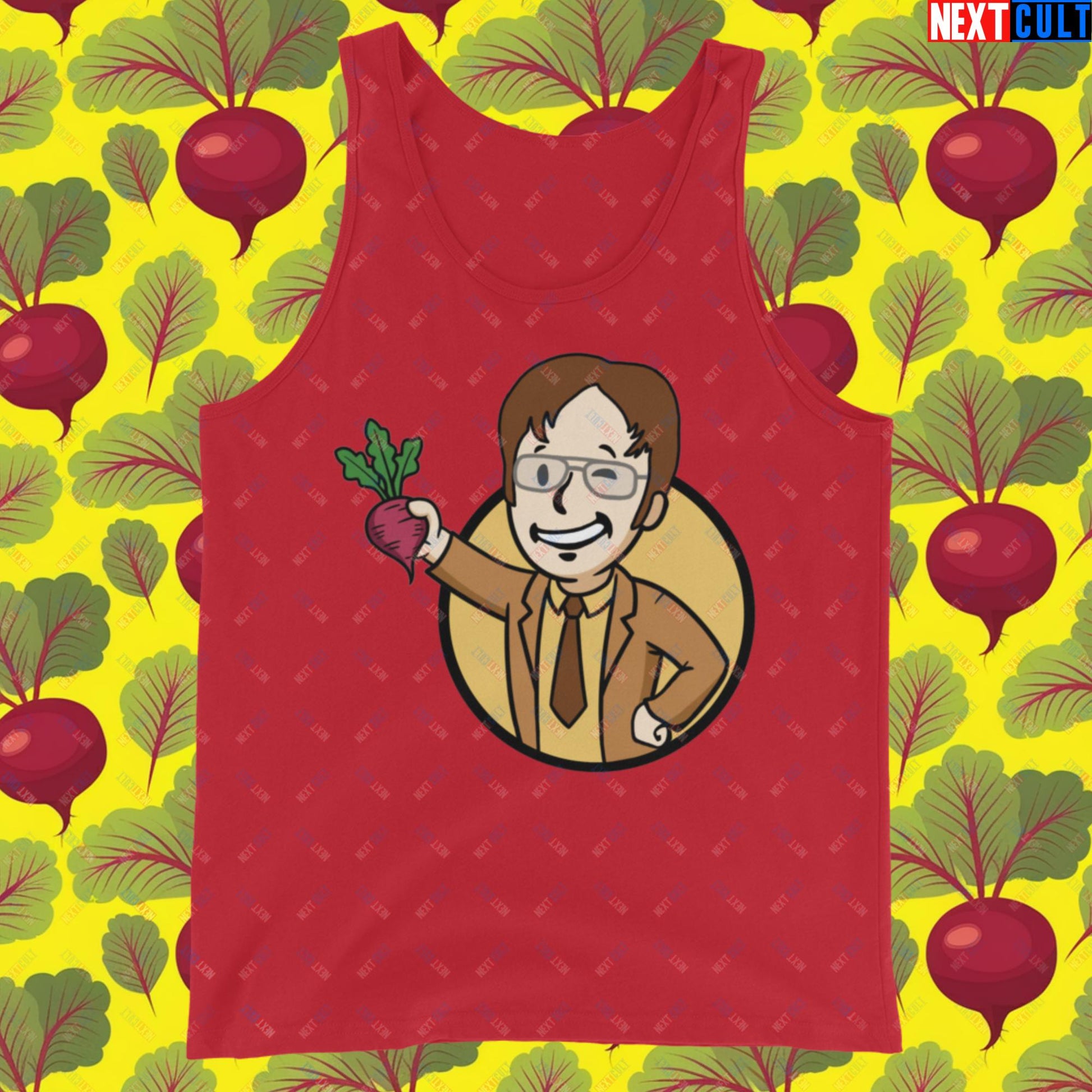 Beets Boy Dwight Schrute The Office Vault Boy Fallout Funny Meme Cartoon Mashup Tank Top Red Tank Tops Fallout The Office TV Shows Vault Boy Next Cult Brand