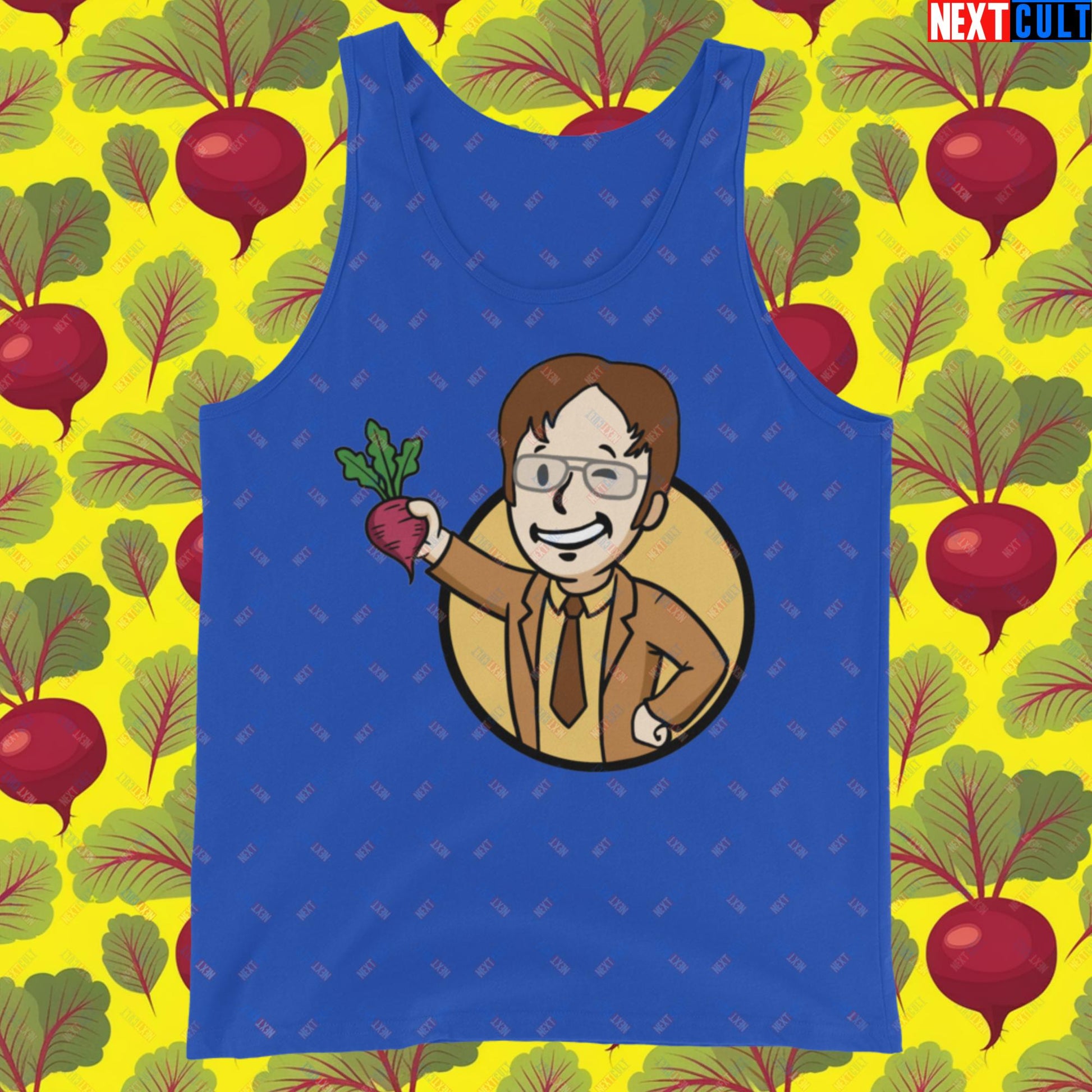 Beets Boy Dwight Schrute The Office Vault Boy Fallout Funny Meme Cartoon Mashup Tank Top True Royal Tank Tops Fallout The Office TV Shows Vault Boy Next Cult Brand