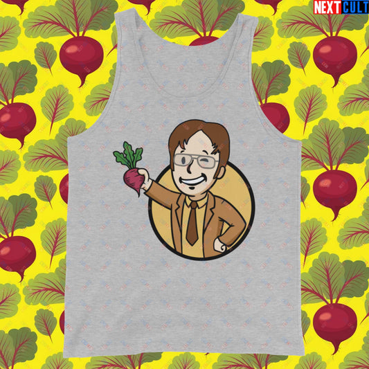 Beets Boy Dwight Schrute The Office Vault Boy Fallout Funny Meme Cartoon Mashup Tank Top Athletic Heather Tank Tops Fallout The Office TV Shows Vault Boy Next Cult Brand