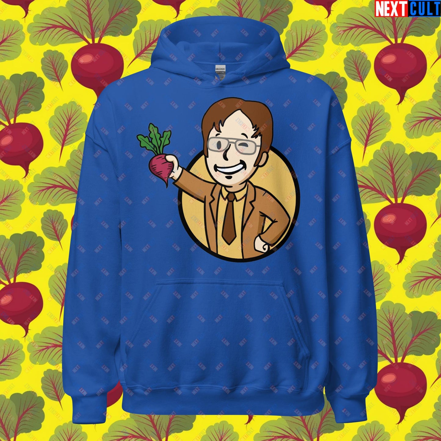 Beets Boy Dwight Schrute The Office Vault Boy Fallout Funny Meme Cartoon Mashup Unisex Hoodie Royal Hoodies Fallout The Office TV Shows Vault Boy Next Cult Brand