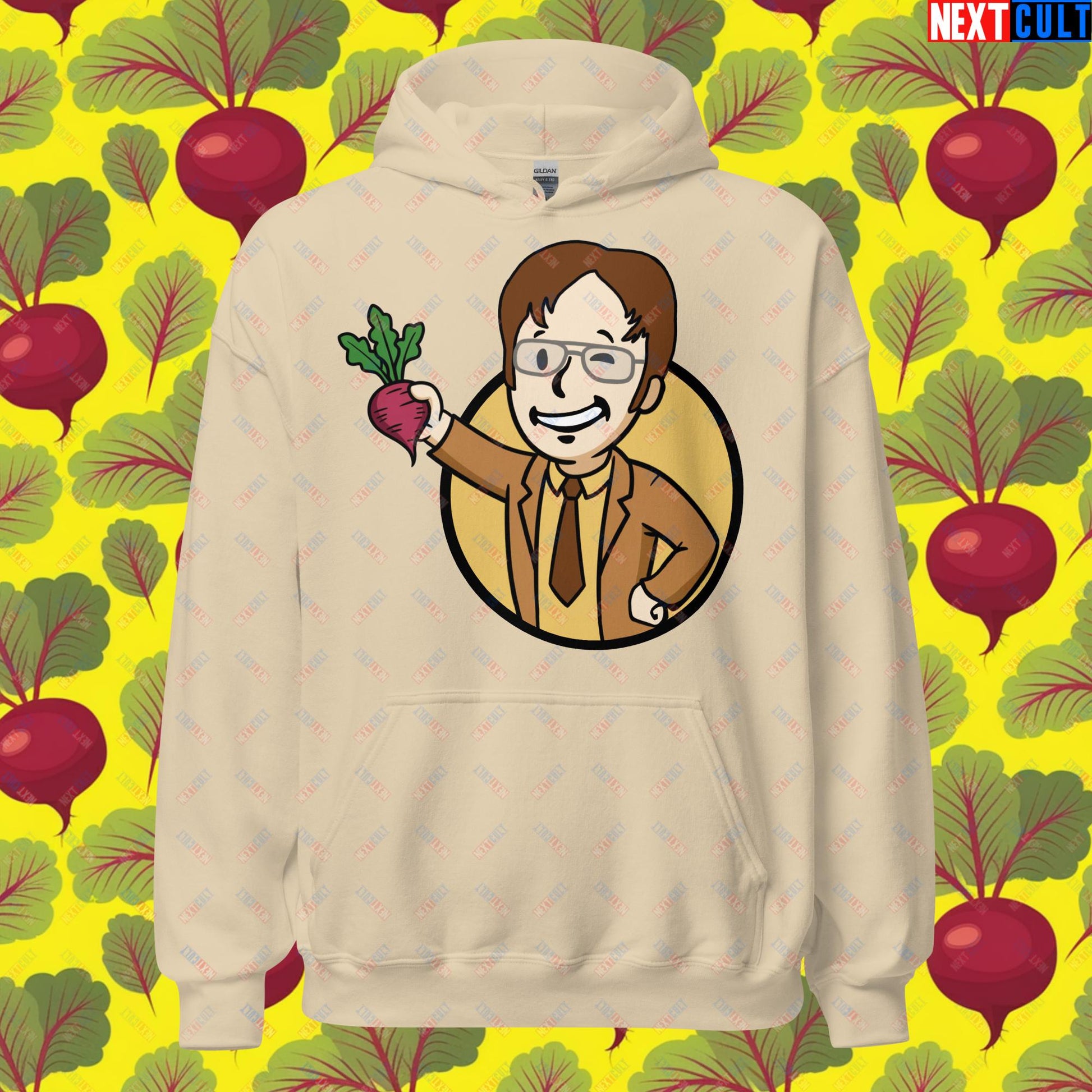 Beets Boy Dwight Schrute The Office Vault Boy Fallout Funny Meme Cartoon Mashup Unisex Hoodie Sand Hoodies Fallout The Office TV Shows Vault Boy Next Cult Brand