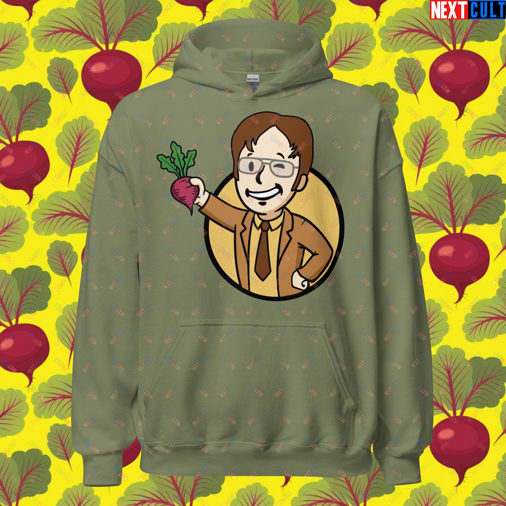 Beets Boy Dwight Schrute The Office Vault Boy Fallout Funny Meme Cartoon Mashup Unisex Hoodie Military Green Hoodies Fallout The Office TV Shows Vault Boy Next Cult Brand