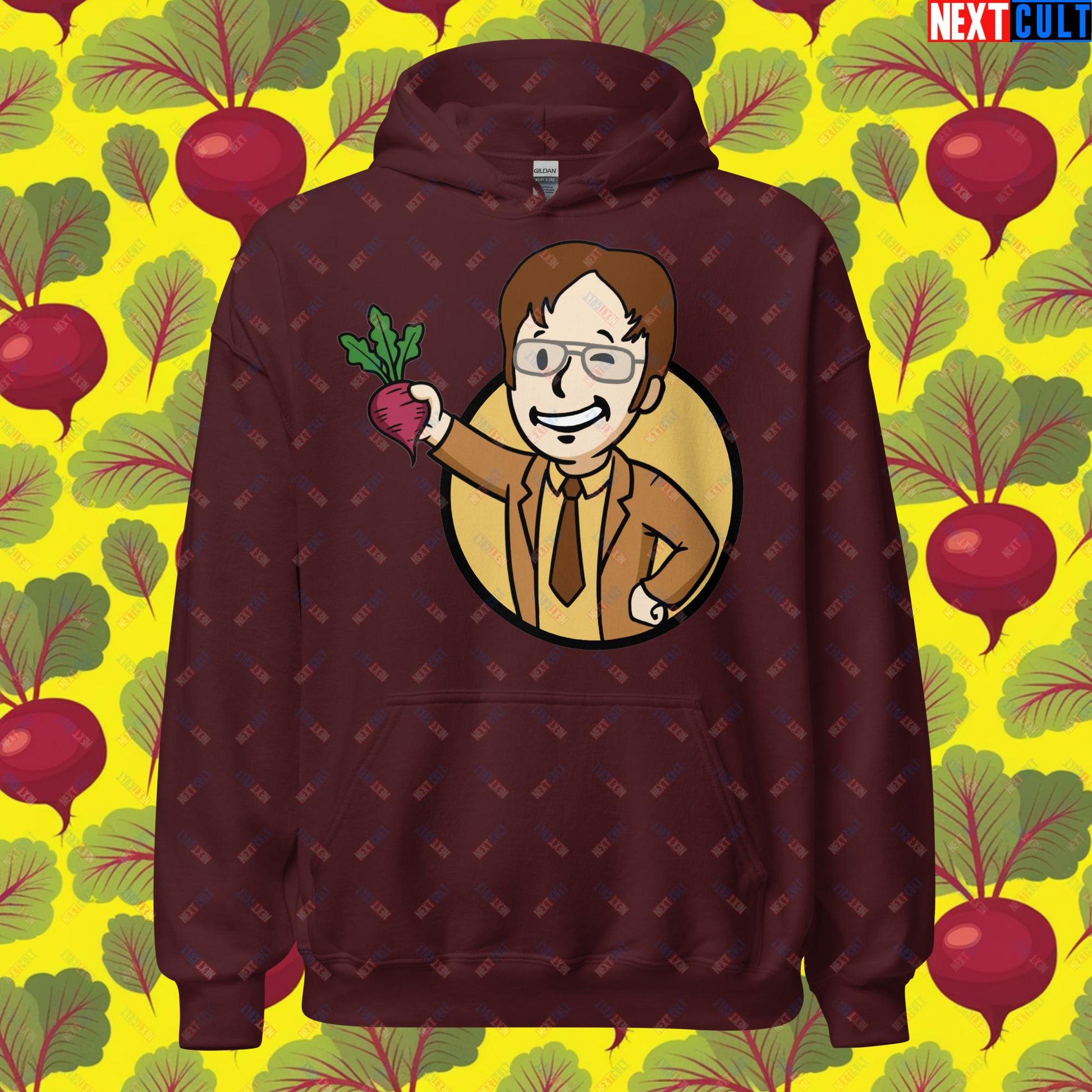 Beets Boy Dwight Schrute The Office Vault Boy Fallout Funny Meme Cartoon Mashup Unisex Hoodie Maroon Hoodies Fallout The Office TV Shows Vault Boy Next Cult Brand