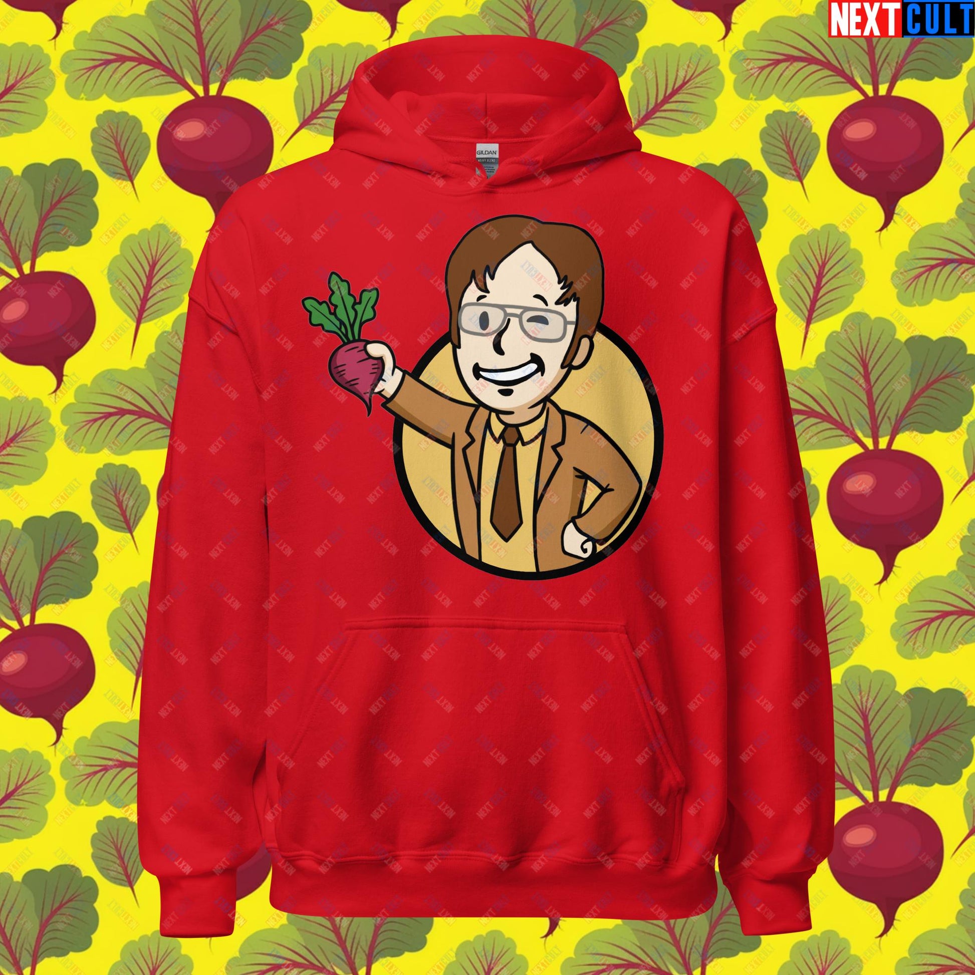 Beets Boy Dwight Schrute The Office Vault Boy Fallout Funny Meme Cartoon Mashup Unisex Hoodie Red Hoodies Fallout The Office TV Shows Vault Boy Next Cult Brand