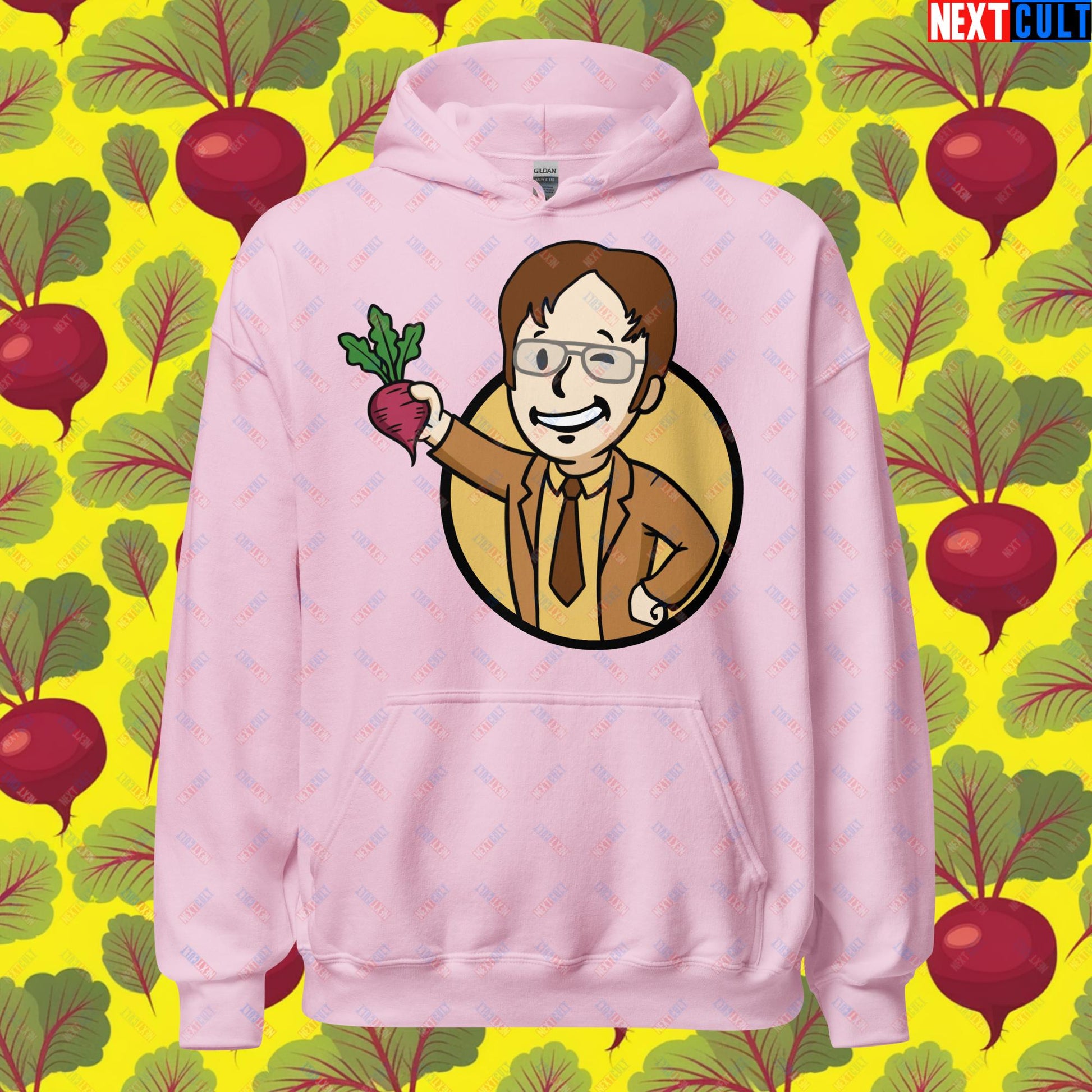 Beets Boy Dwight Schrute The Office Vault Boy Fallout Funny Meme Cartoon Mashup Unisex Hoodie Light Pink Hoodies Fallout The Office TV Shows Vault Boy Next Cult Brand