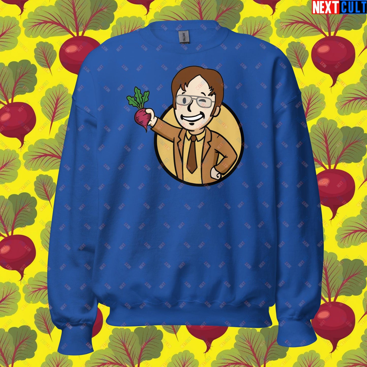 Beets Boy Dwight Schrute The Office Vault Boy Fallout Funny Meme Cartoon Mashup Unisex Sweatshirt Royal Sweatshirts Fallout The Office TV Shows Vault Boy Next Cult Brand