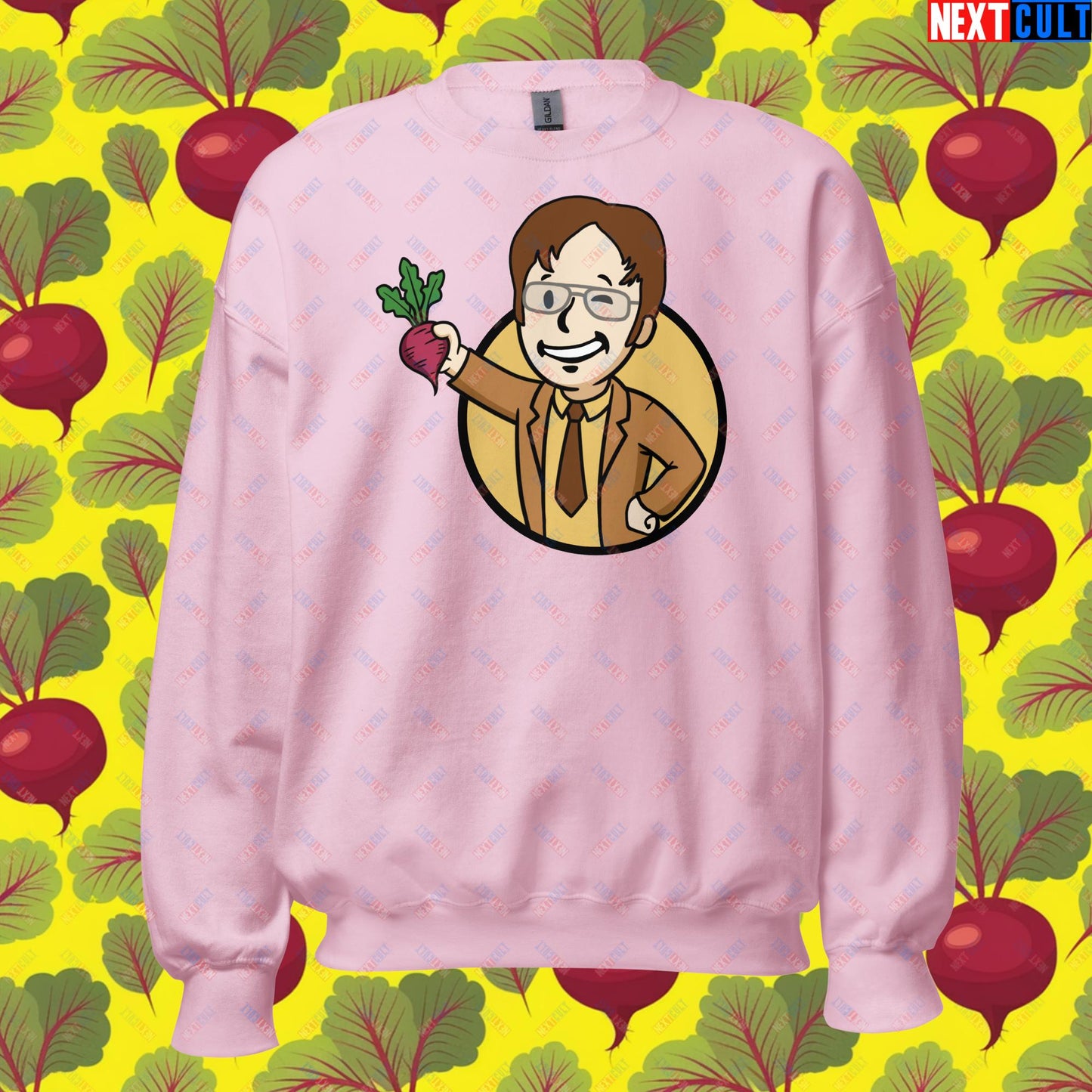 Beets Boy Dwight Schrute The Office Vault Boy Fallout Funny Meme Cartoon Mashup Unisex Sweatshirt Light Pink Sweatshirts Fallout The Office TV Shows Vault Boy Next Cult Brand