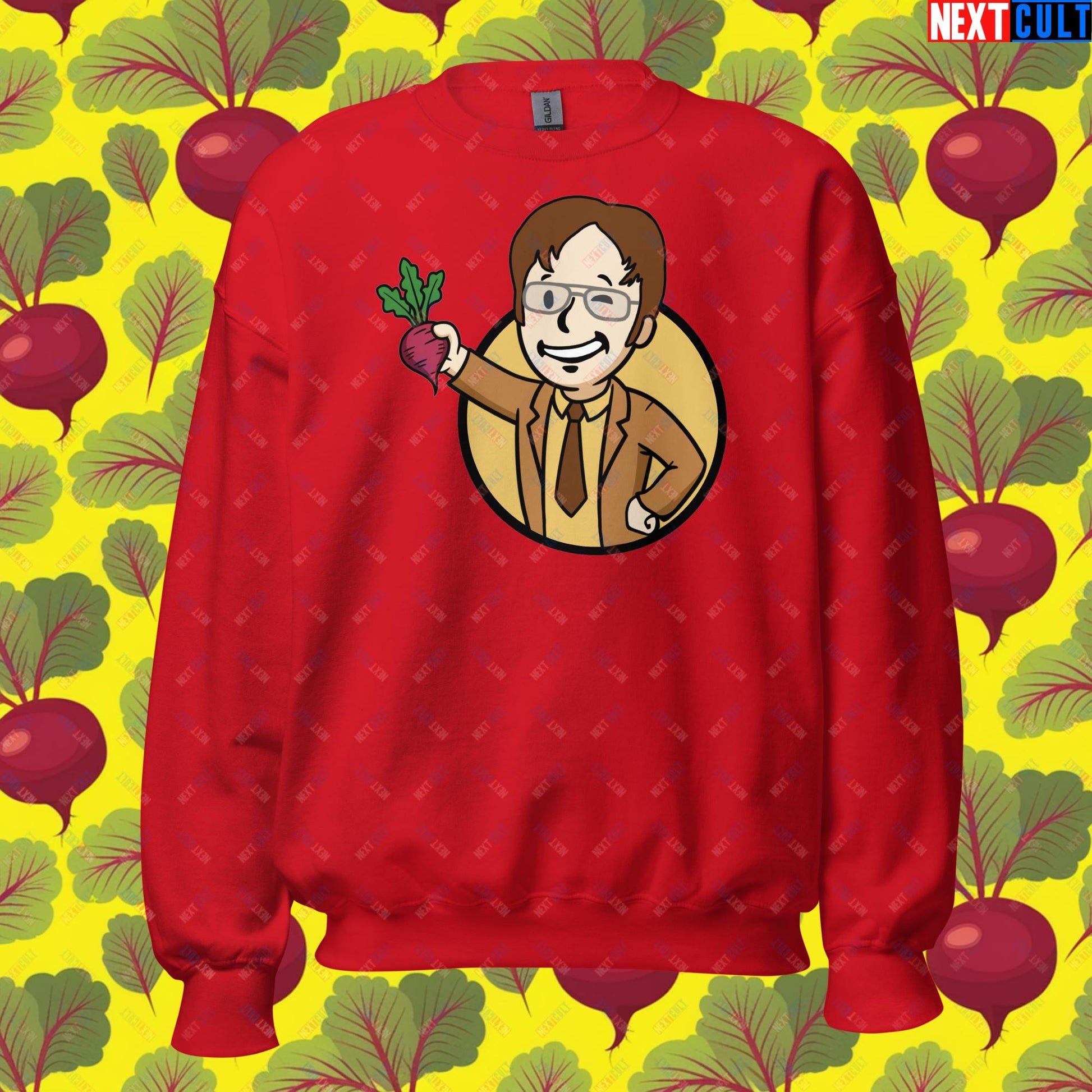 Beets Boy Dwight Schrute The Office Vault Boy Fallout Funny Meme Cartoon Mashup Unisex Sweatshirt Red Sweatshirts Fallout The Office TV Shows Vault Boy Next Cult Brand