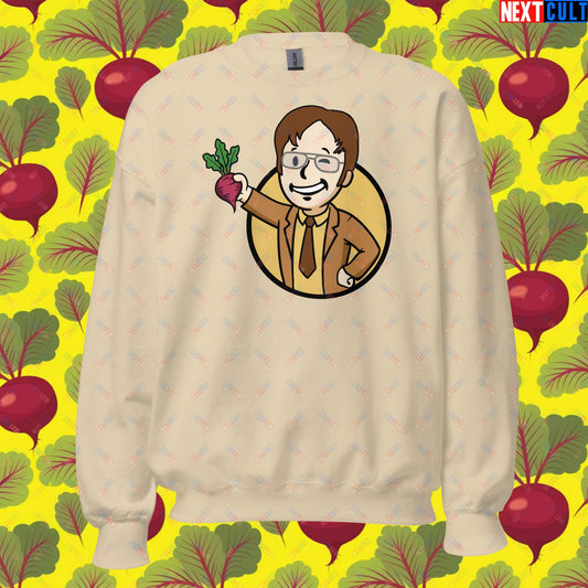 Beets Boy Dwight Schrute The Office Vault Boy Fallout Funny Meme Cartoon Mashup Unisex Sweatshirt Sand Sweatshirts Fallout The Office TV Shows Vault Boy Next Cult Brand