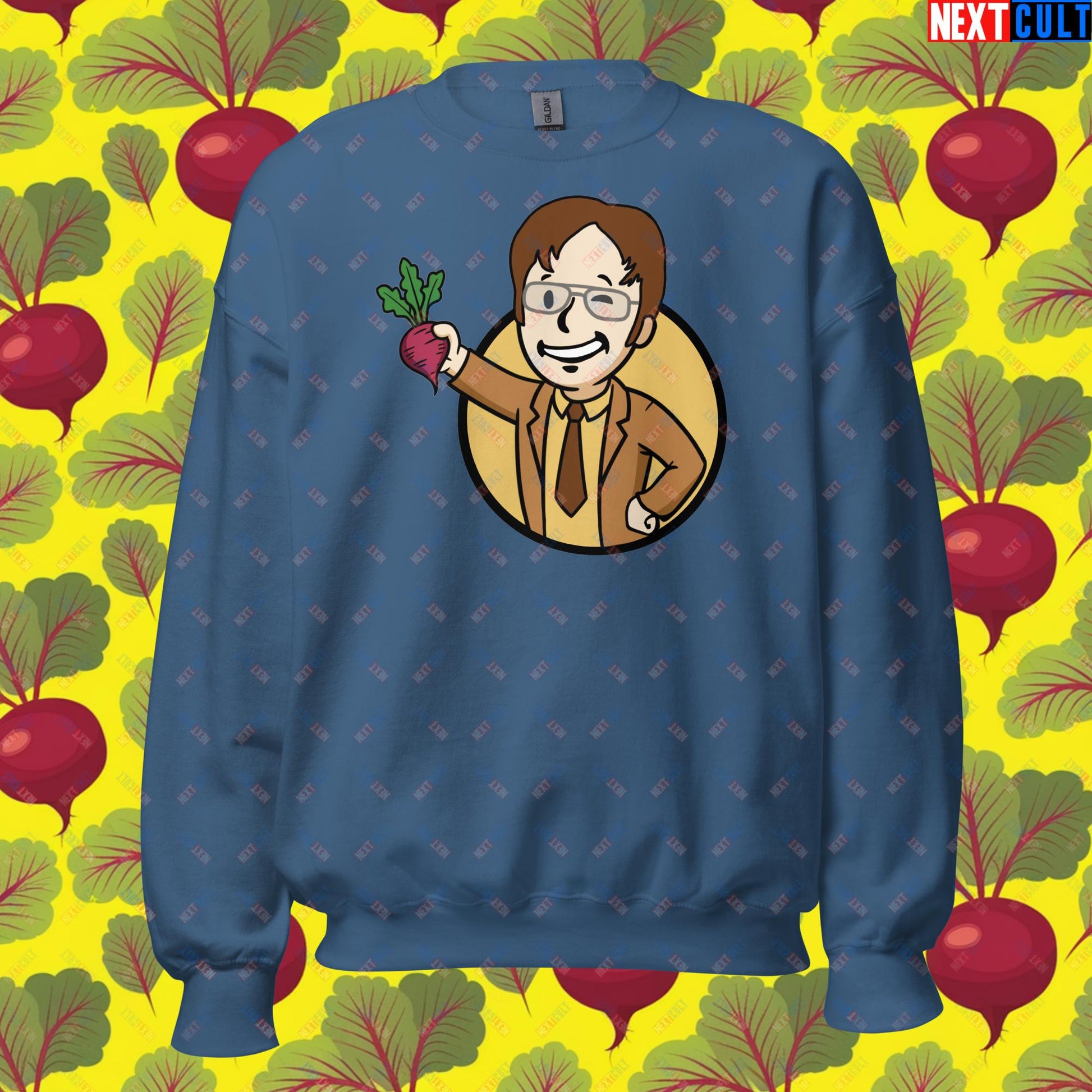 Beets Boy Dwight Schrute The Office Vault Boy Fallout Funny Meme Cartoon Mashup Unisex Sweatshirt Indigo Blue Sweatshirts Fallout The Office TV Shows Vault Boy Next Cult Brand