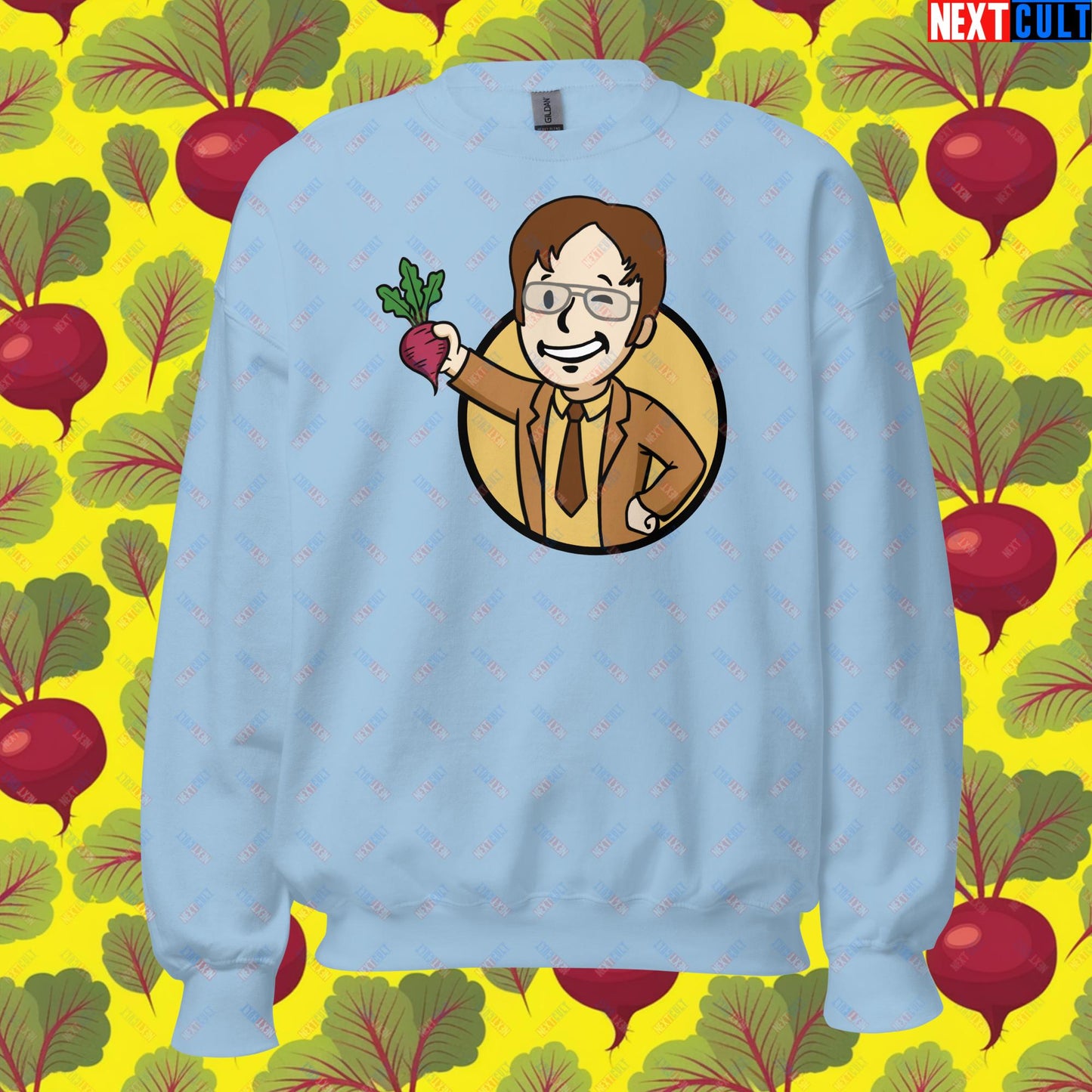 Beets Boy Dwight Schrute The Office Vault Boy Fallout Funny Meme Cartoon Mashup Unisex Sweatshirt Light Blue Sweatshirts Fallout The Office TV Shows Vault Boy Next Cult Brand