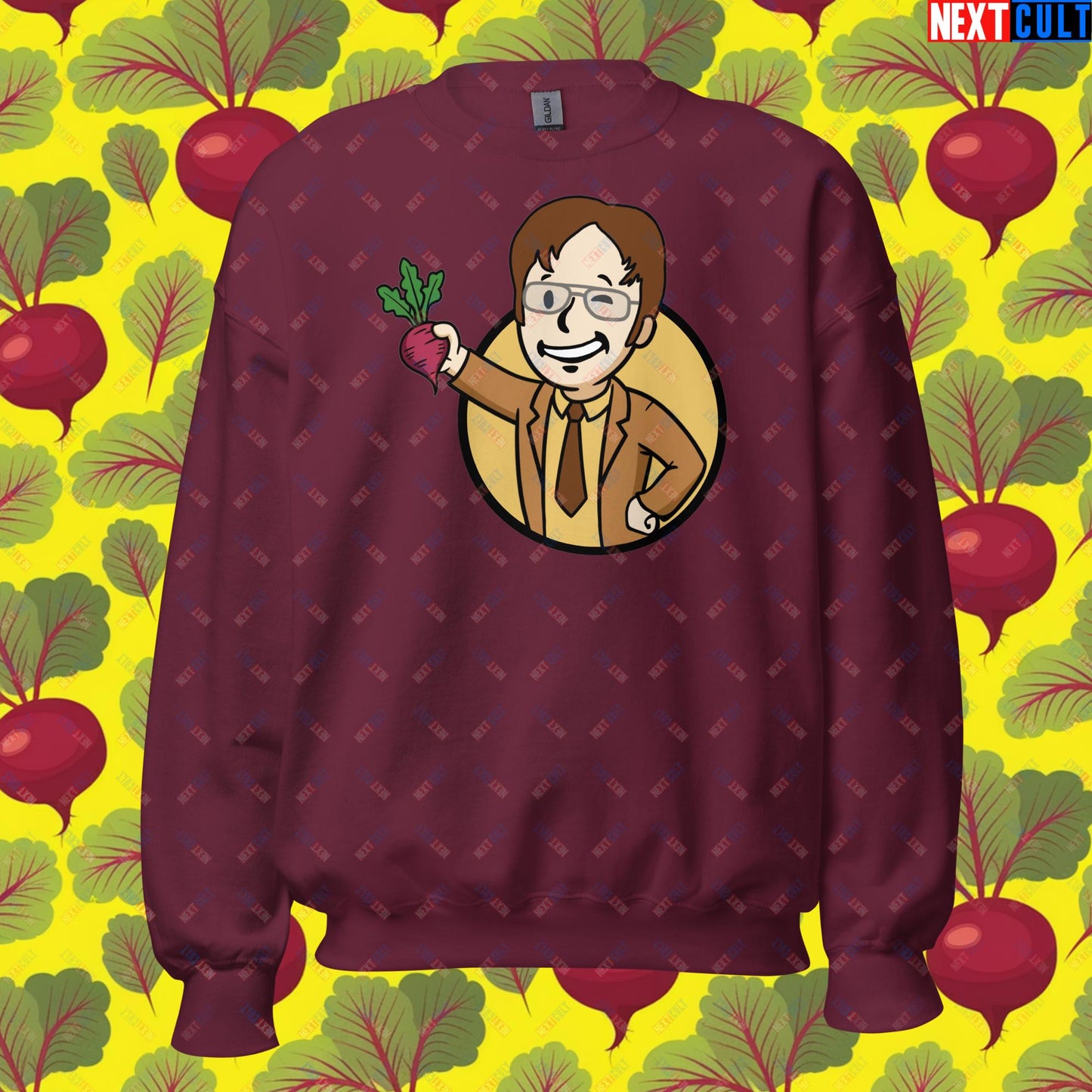 Beets Boy Dwight Schrute The Office Vault Boy Fallout Funny Meme Cartoon Mashup Unisex Sweatshirt Maroon Sweatshirts Fallout The Office TV Shows Vault Boy Next Cult Brand