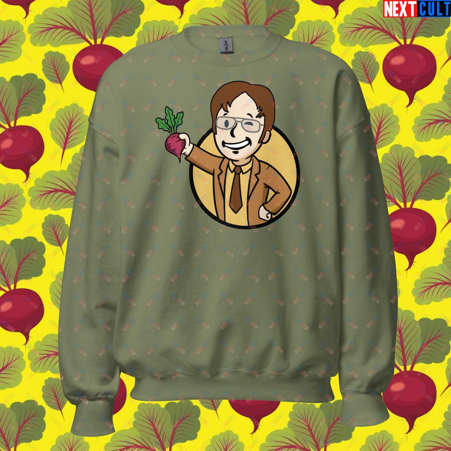 Beets Boy Dwight Schrute The Office Vault Boy Fallout Funny Meme Cartoon Mashup Unisex Sweatshirt Military Green Sweatshirts Fallout The Office TV Shows Vault Boy Next Cult Brand