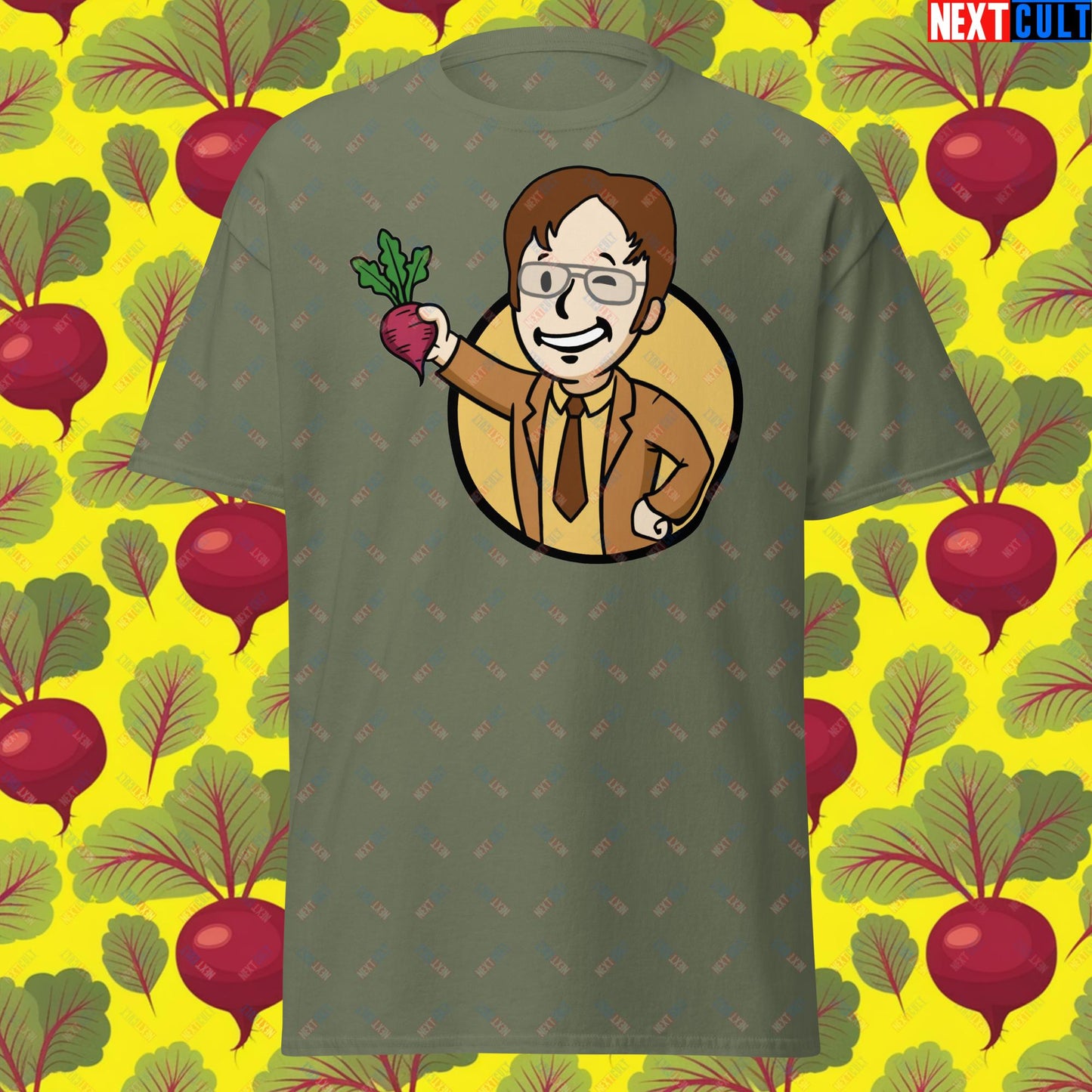 Beets Boy Dwight Schrute The Office Vault Boy Fallout Funny Meme Cartoon Mashup Unisex tee Military Green T-shirts Fallout The Office TV Shows Vault Boy Next Cult Brand