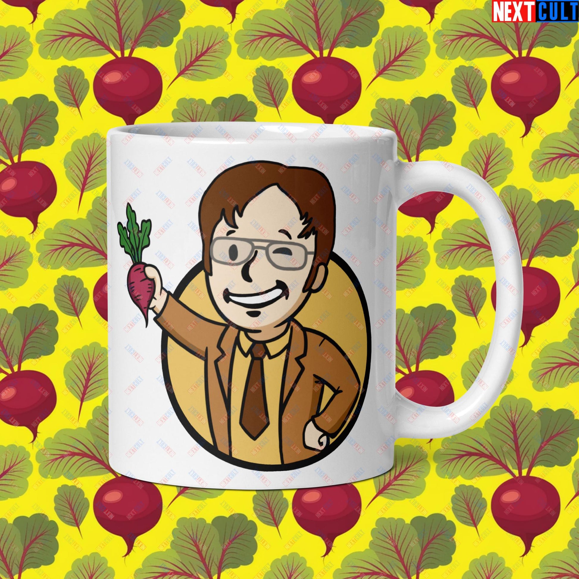 Beets Boy Dwight Schrute The Office Vault Boy Fallout Funny Meme Cartoon Mashup White glossy mug Next Cult Brand