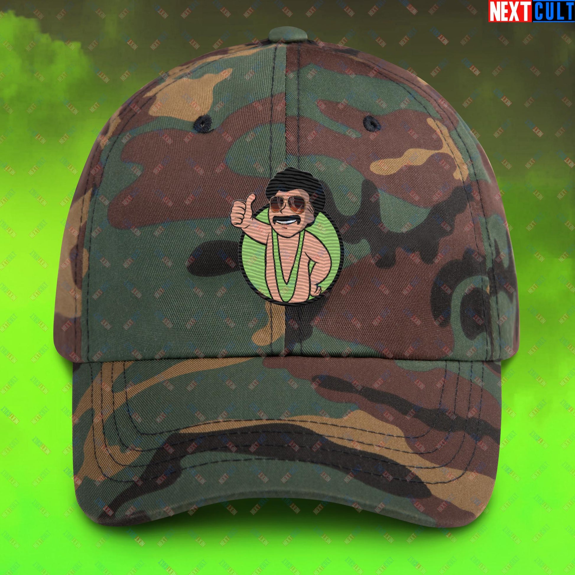 Bikini Boy Borat Vault Boy Fallout Funny Meme Cartoon Mashup Dad hat Green Camo Hats Borat Fallout Movies Vault Boy Next Cult Brand