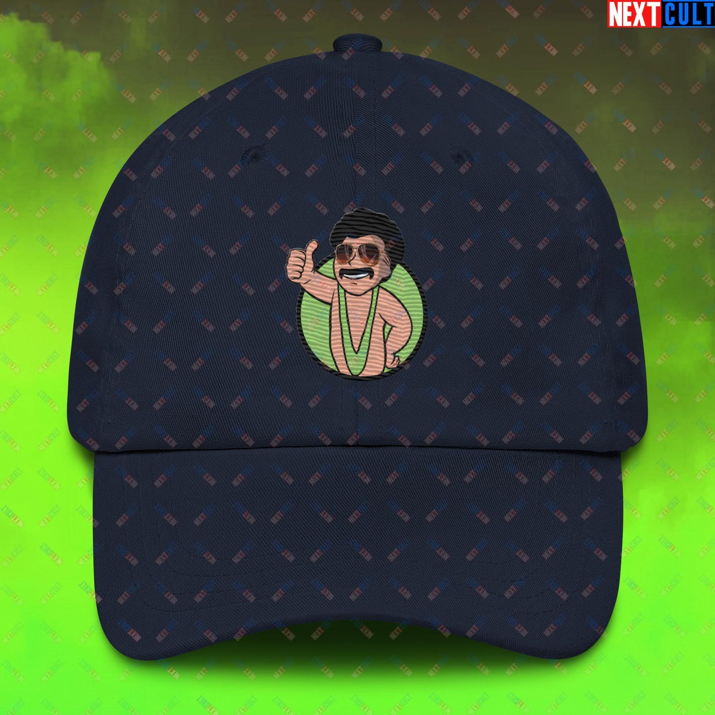 Bikini Boy Borat Vault Boy Fallout Funny Meme Cartoon Mashup Dad hat Navy Hats Borat Fallout Movies Vault Boy Next Cult Brand