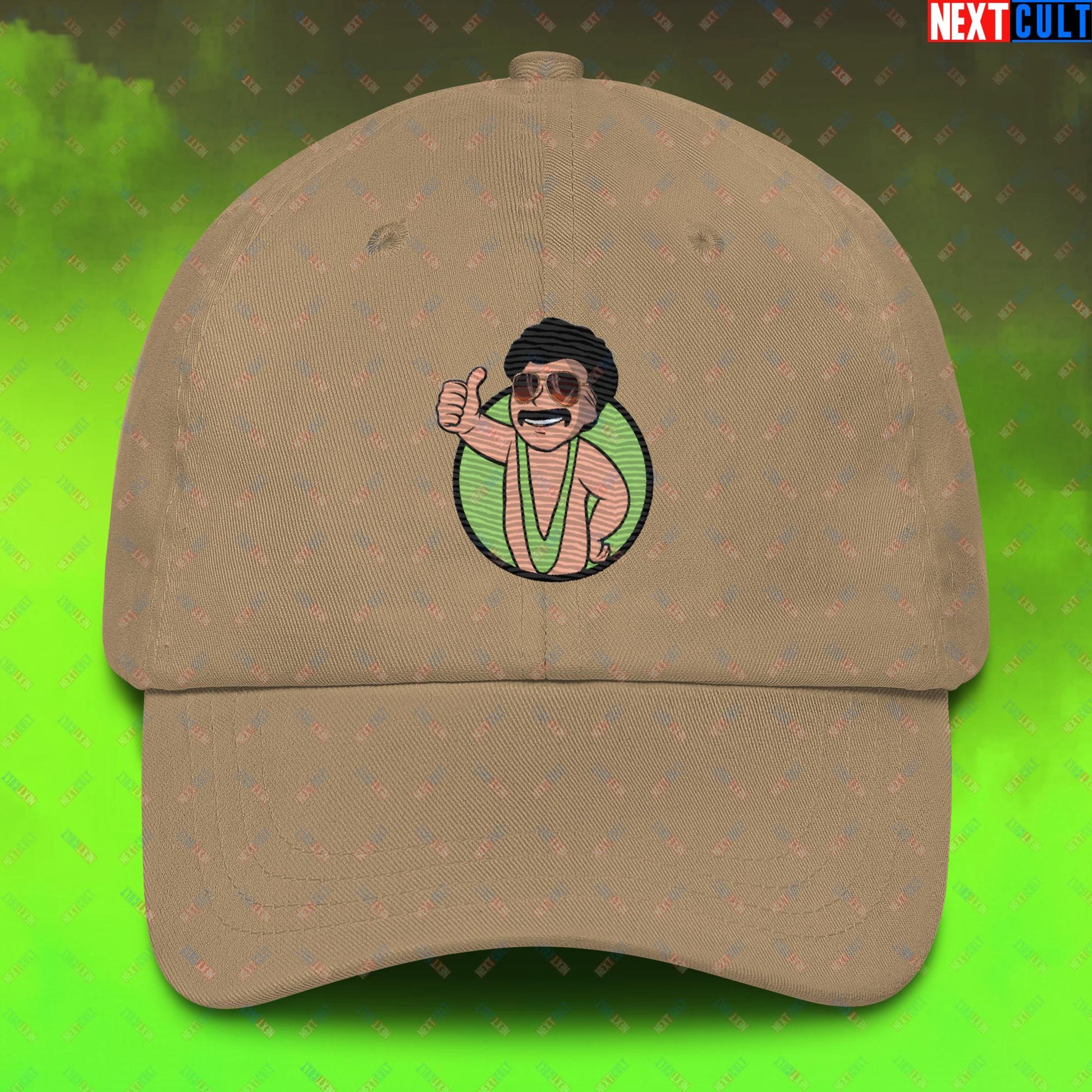 Bikini Boy Borat Vault Boy Fallout Funny Meme Cartoon Mashup Dad hat Khaki Hats Borat Fallout Movies Vault Boy Next Cult Brand