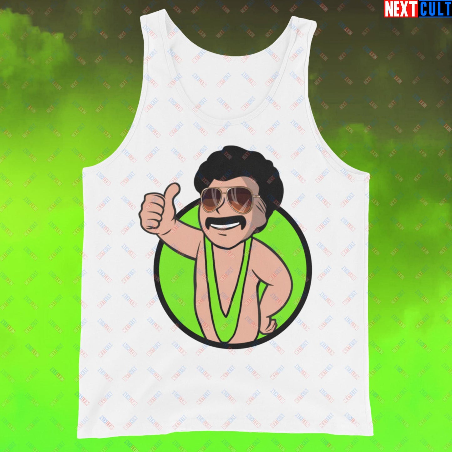 Bikini Boy Borat Vault Boy Fallout Funny Meme Cartoon Mashup Tank Top White Tank Tops Borat Fallout Movies Vault Boy Next Cult Brand