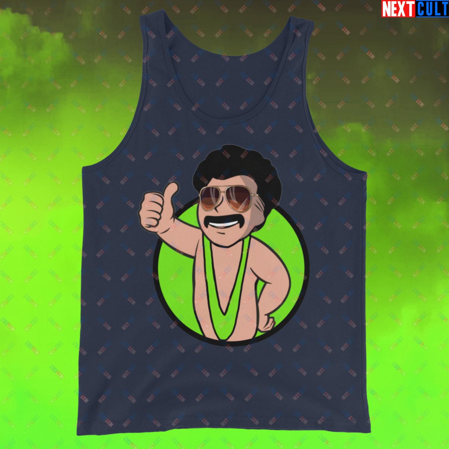 Bikini Boy Borat Vault Boy Fallout Funny Meme Cartoon Mashup Tank Top Navy Tank Tops Borat Fallout Movies Vault Boy Next Cult Brand