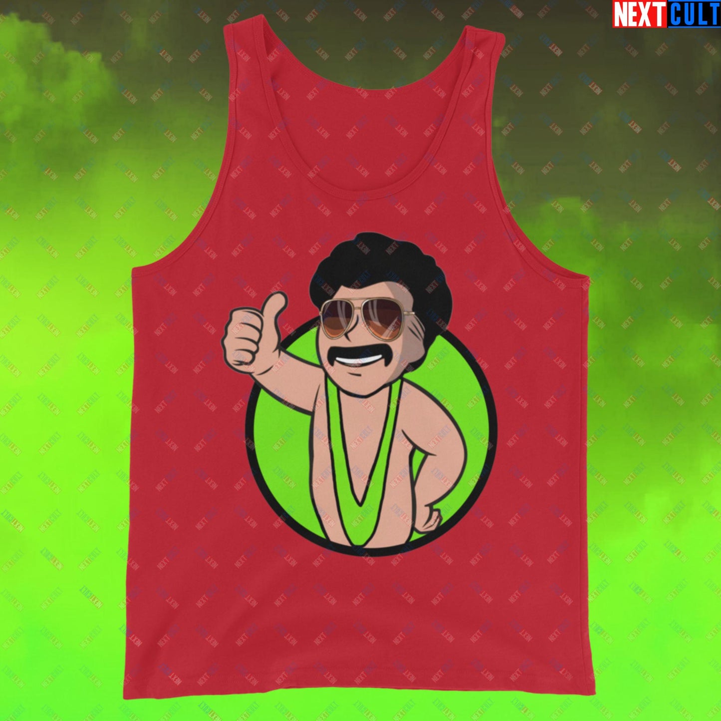 Bikini Boy Borat Vault Boy Fallout Funny Meme Cartoon Mashup Tank Top Red Tank Tops Borat Fallout Movies Vault Boy Next Cult Brand