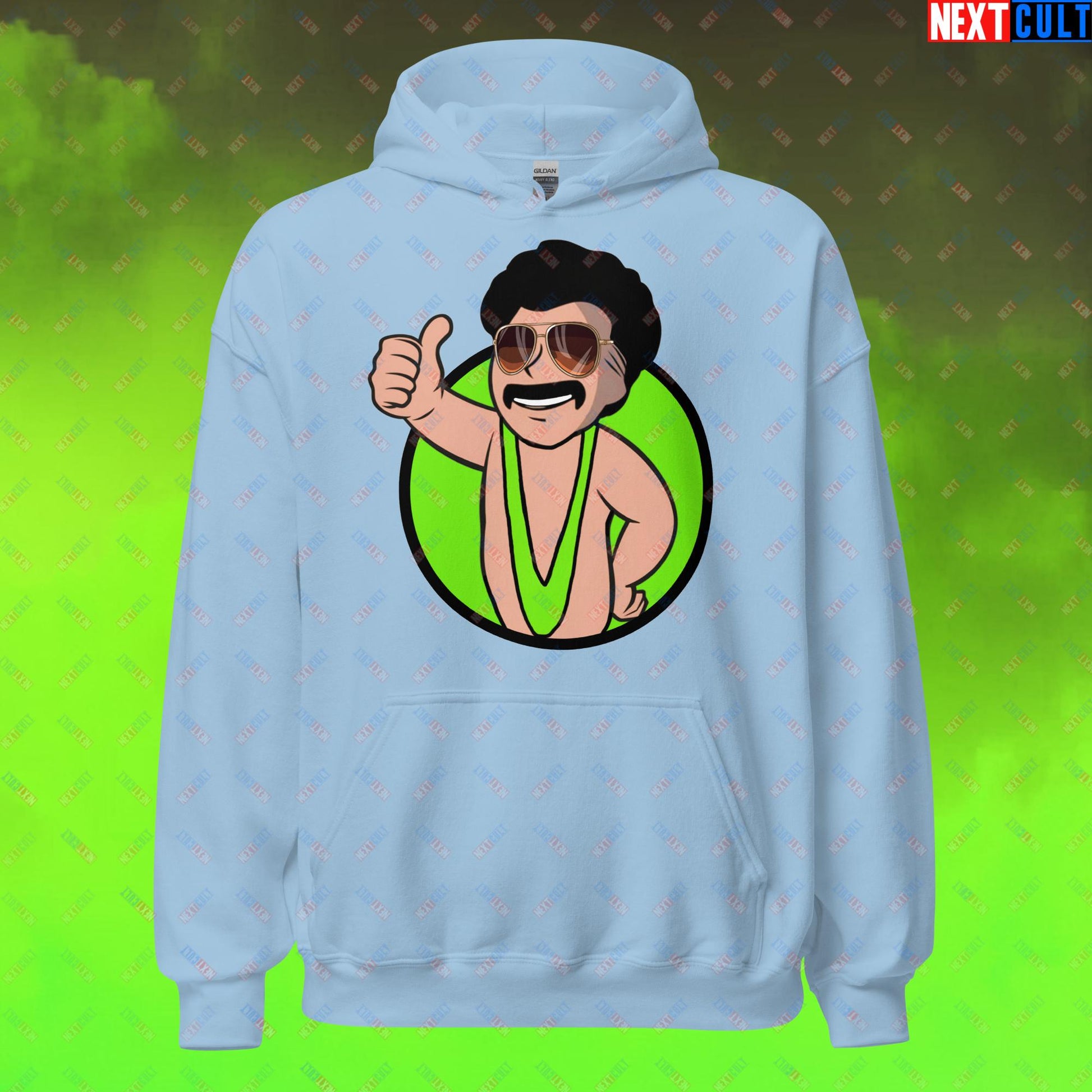 Bikini Boy Borat Vault Boy Fallout Funny Meme Cartoon Mashup Unisex Hoodie Light Blue Hoodies Borat Fallout Movies Vault Boy Next Cult Brand