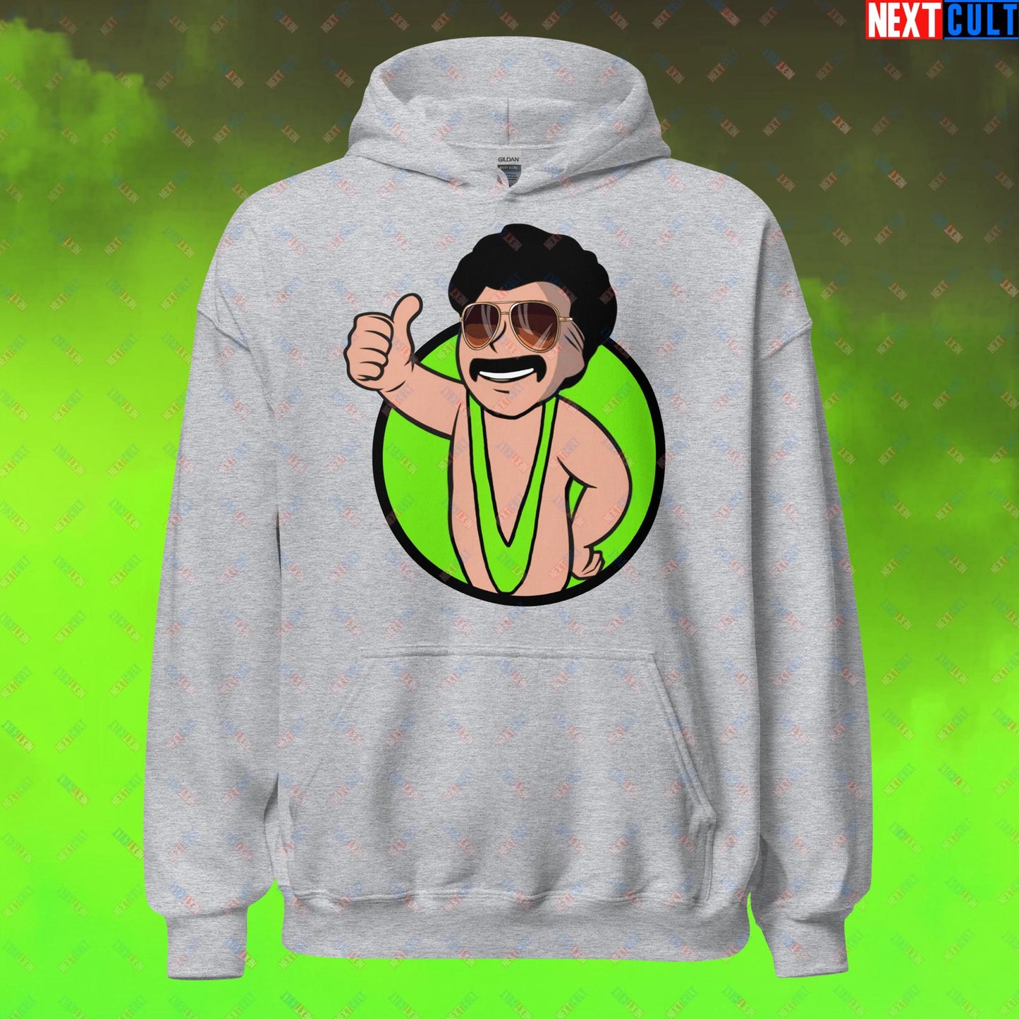 Bikini Boy Borat Vault Boy Fallout Funny Meme Cartoon Mashup Unisex Hoodie Sport Grey Hoodies Borat Fallout Movies Vault Boy Next Cult Brand