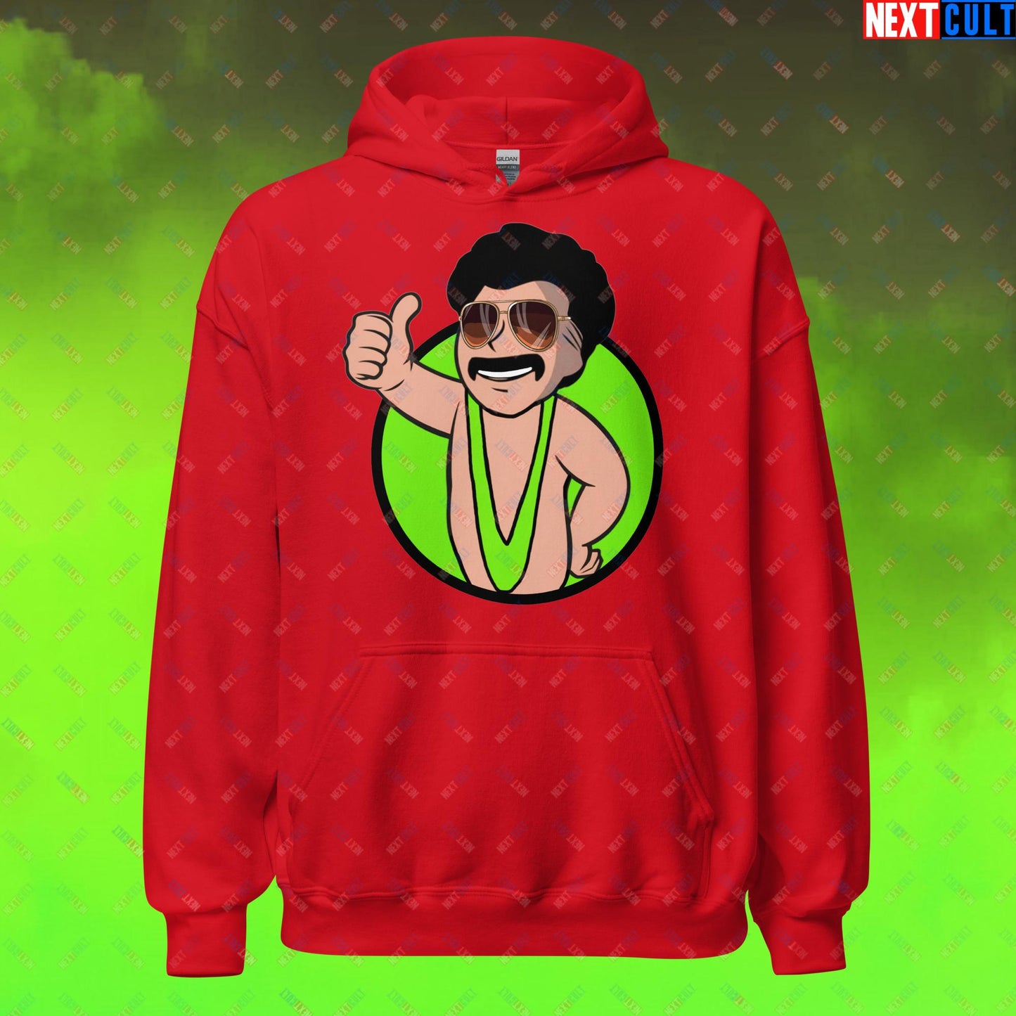 Bikini Boy Borat Vault Boy Fallout Funny Meme Cartoon Mashup Unisex Hoodie Red Hoodies Borat Fallout Movies Vault Boy Next Cult Brand