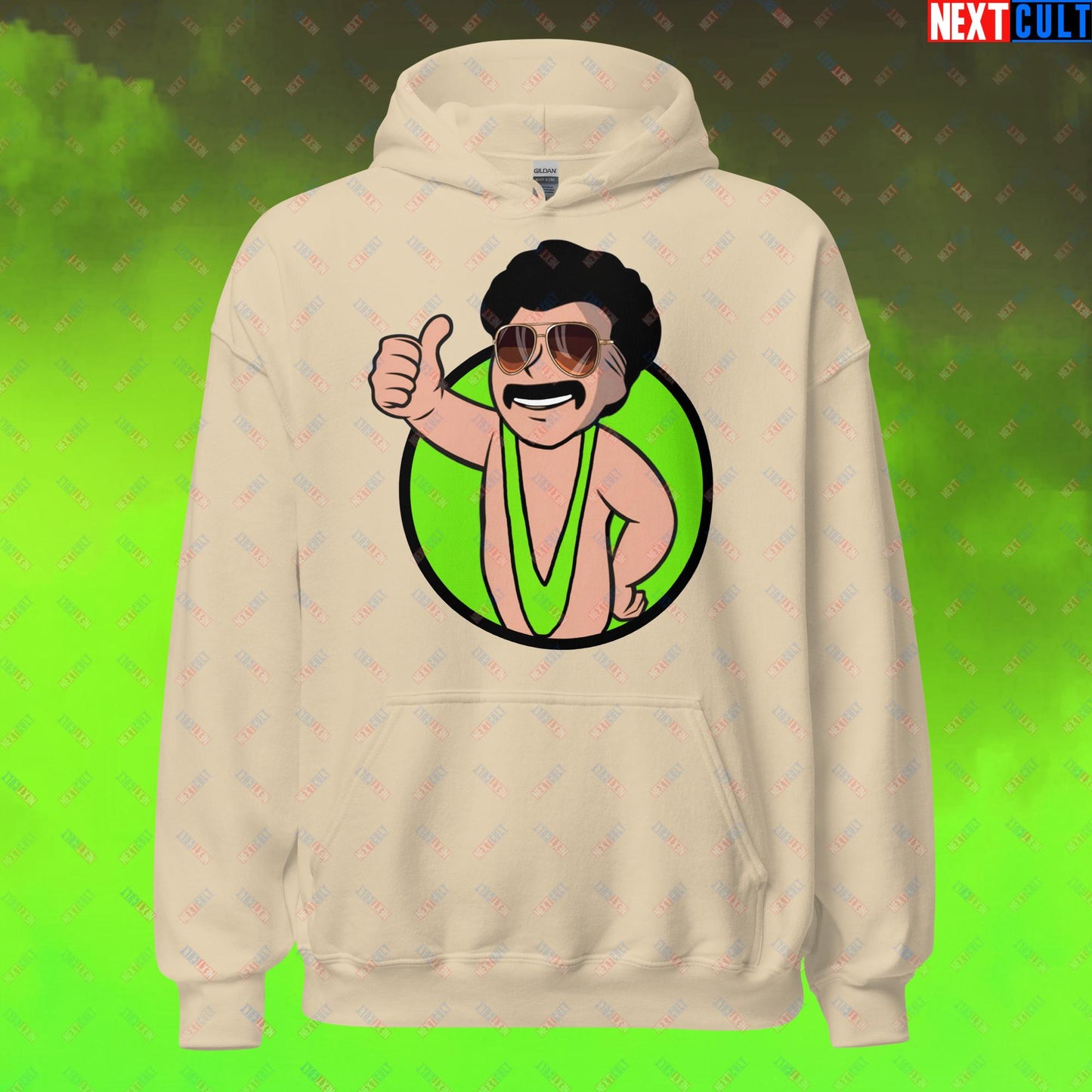 Bikini Boy Borat Vault Boy Fallout Funny Meme Cartoon Mashup Unisex Hoodie Sand Hoodies Borat Fallout Movies Vault Boy Next Cult Brand