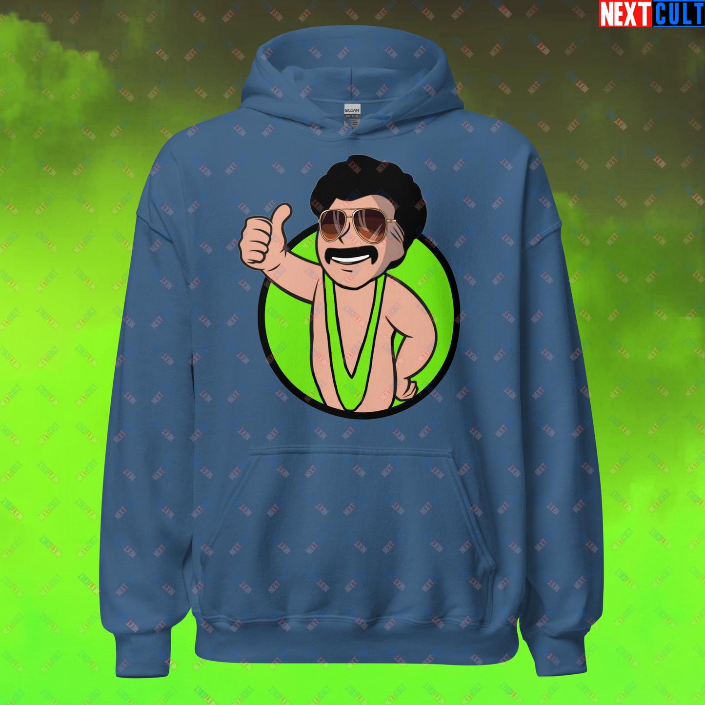 Bikini Boy Borat Vault Boy Fallout Funny Meme Cartoon Mashup Unisex Hoodie Indigo Blue Hoodies Borat Fallout Movies Vault Boy Next Cult Brand