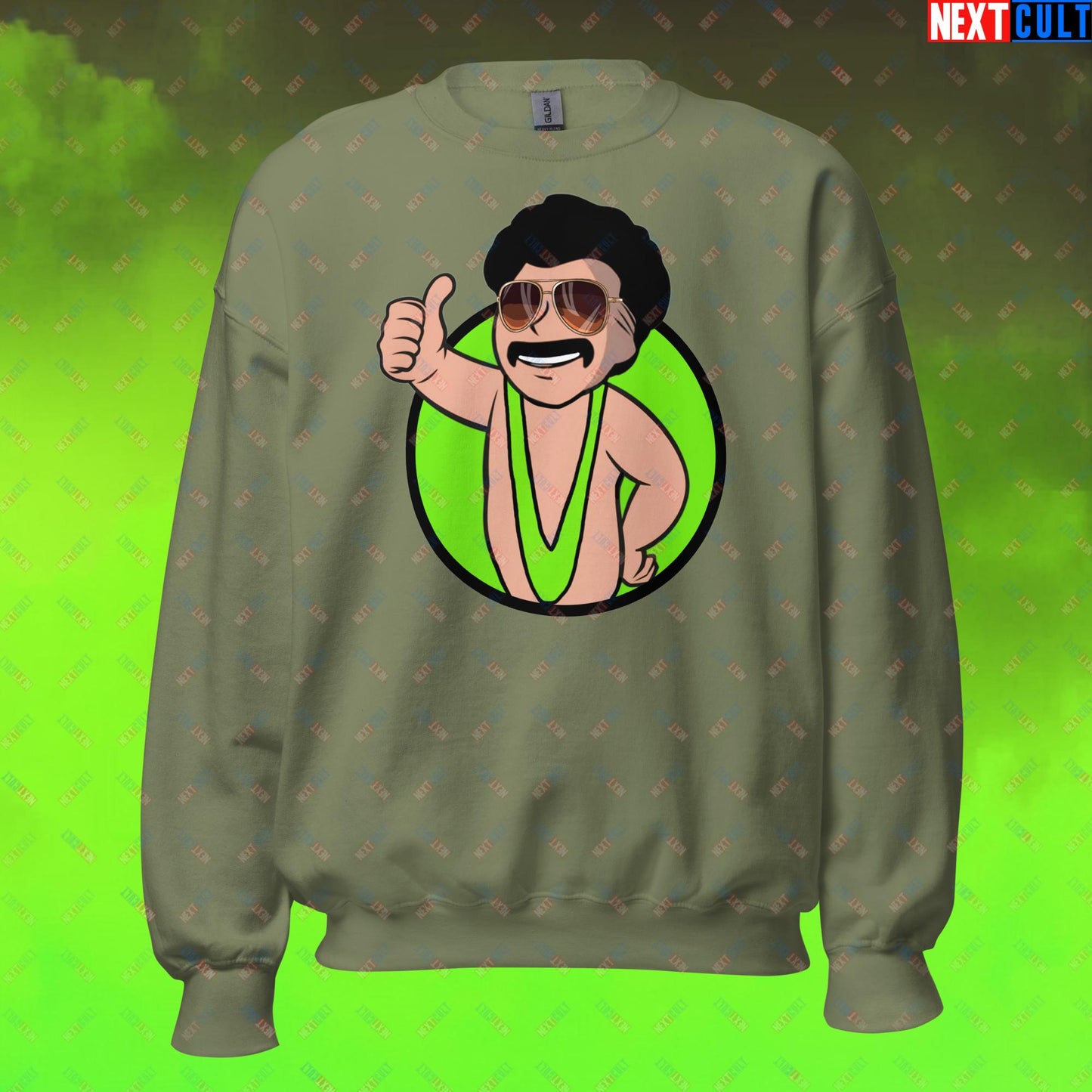 Bikini Boy Borat Vault Boy Fallout Funny Meme Cartoon Mashup Unisex Sweatshirt Military Green Sweatshirts Borat Fallout Movies Vault Boy Next Cult Brand