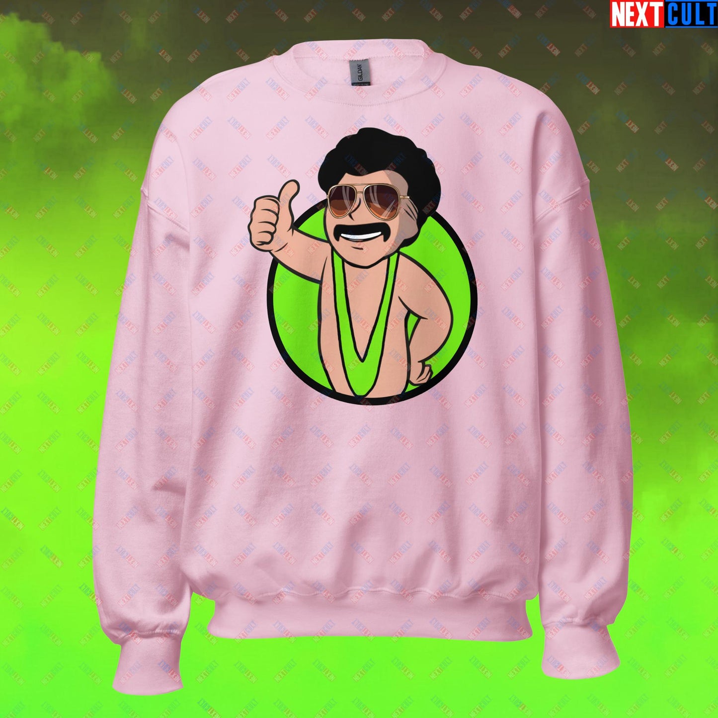 Bikini Boy Borat Vault Boy Fallout Funny Meme Cartoon Mashup Unisex Sweatshirt Light Pink Sweatshirts Borat Fallout Movies Vault Boy Next Cult Brand