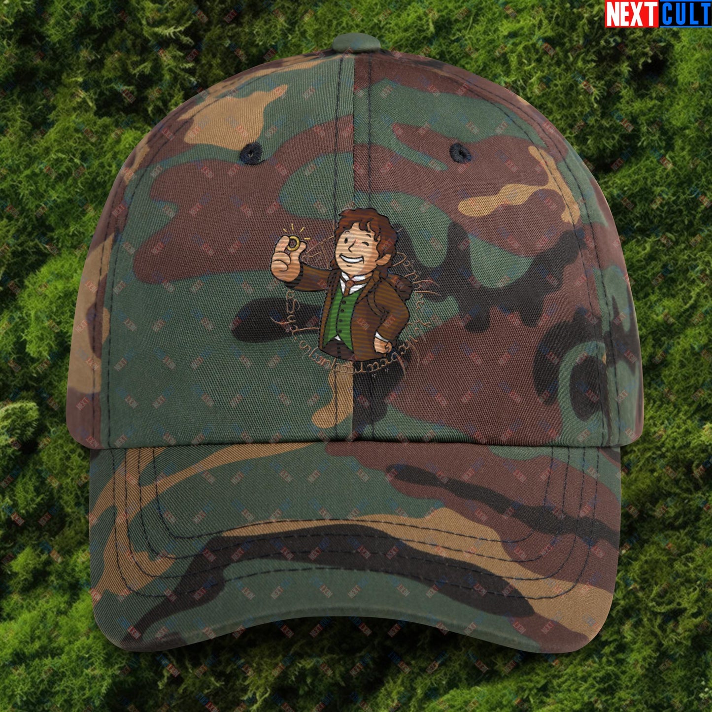 Bilboy Bilbo Baggins Lord of the Rings Vault Boy Fallout Funny Cartoon Mashup Dad hat Green Camo Hats Fallout Lord of the Rings Movies Vault Boy Next Cult Brand