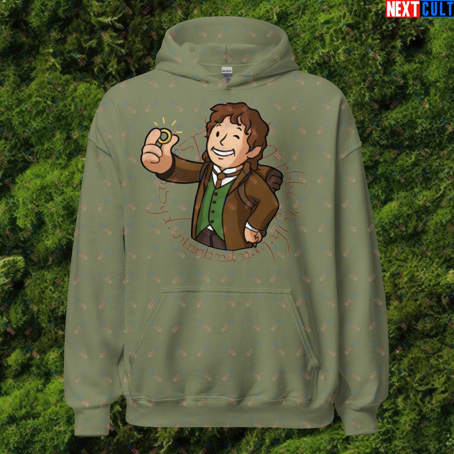 Bilboy Bilbo Baggins Lord of the Rings Vault Boy Fallout Funny Cartoon Mashup Unisex Hoodie Military Green Hoodies Fallout Lord of the Rings Movies Vault Boy Next Cult Brand