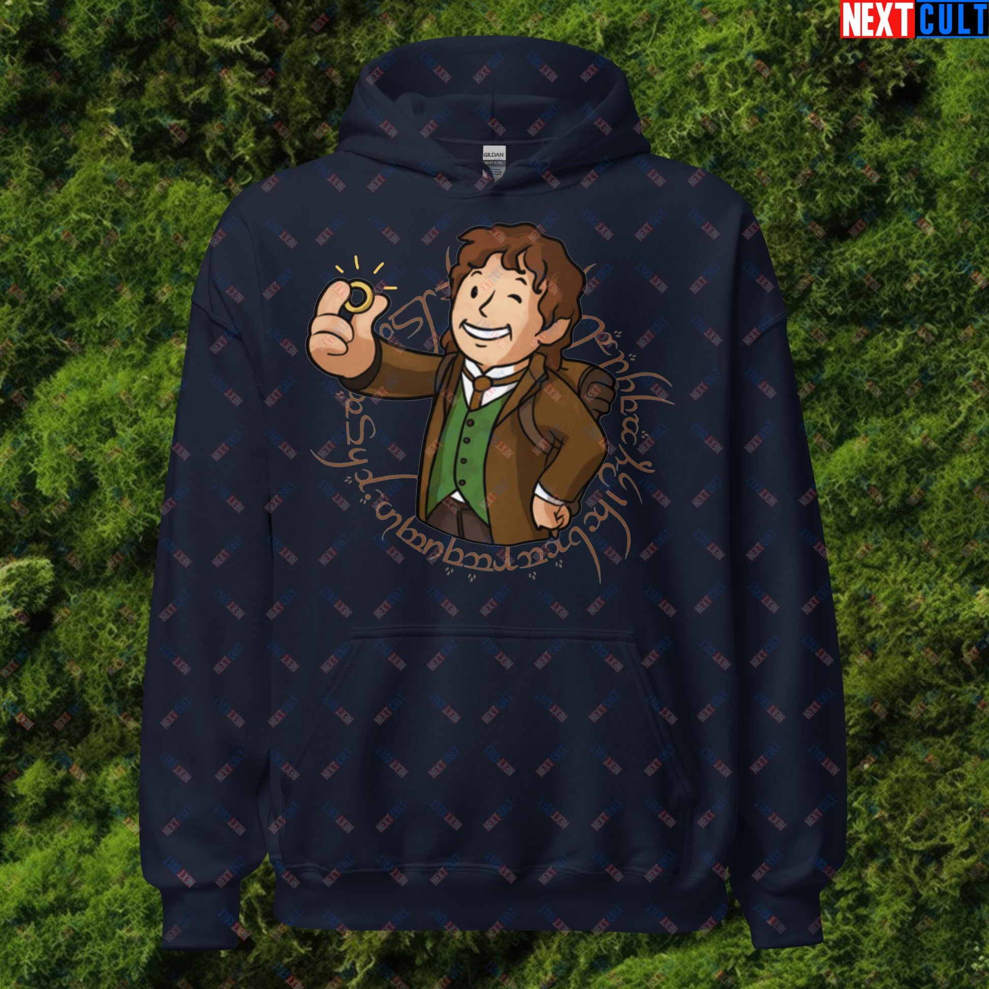 Bilboy Bilbo Baggins Lord of the Rings Vault Boy Fallout Funny Cartoon Mashup Unisex Hoodie Navy Hoodies Fallout Lord of the Rings Movies Vault Boy Next Cult Brand