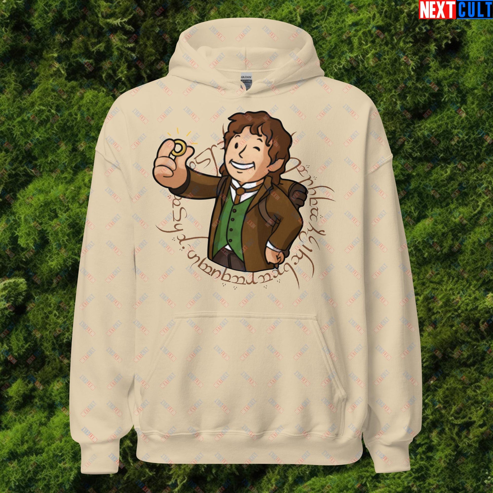 Bilboy Bilbo Baggins Lord of the Rings Vault Boy Fallout Funny Cartoon Mashup Unisex Hoodie Sand Hoodies Fallout Lord of the Rings Movies Vault Boy Next Cult Brand