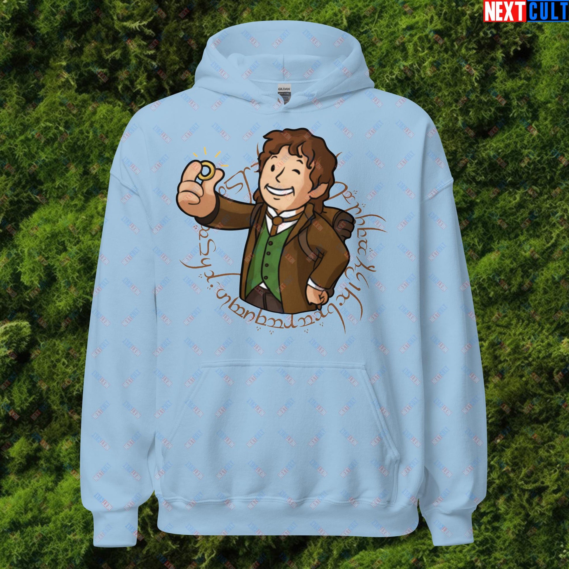 Bilboy Bilbo Baggins Lord of the Rings Vault Boy Fallout Funny Cartoon Mashup Unisex Hoodie Light Blue Hoodies Fallout Lord of the Rings Movies Vault Boy Next Cult Brand