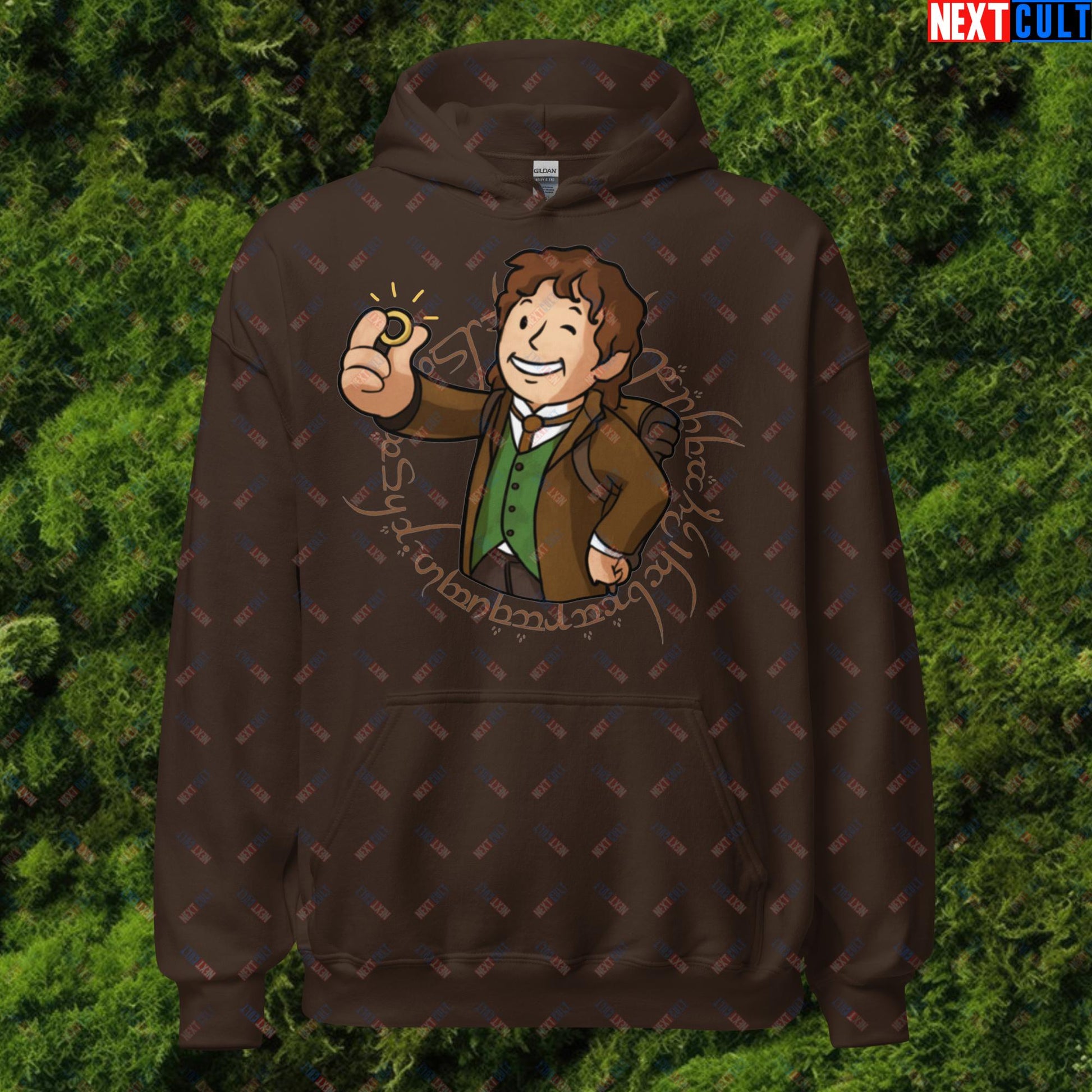 Bilboy Bilbo Baggins Lord of the Rings Vault Boy Fallout Funny Cartoon Mashup Unisex Hoodie Dark Chocolate Hoodies Fallout Lord of the Rings Movies Vault Boy Next Cult Brand