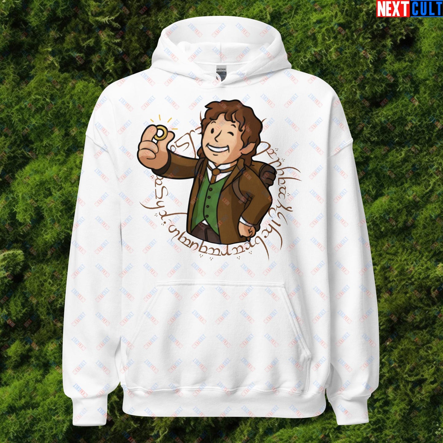 Bilboy Bilbo Baggins Lord of the Rings Vault Boy Fallout Funny Cartoon Mashup Unisex Hoodie White Hoodies Fallout Lord of the Rings Movies Vault Boy Next Cult Brand