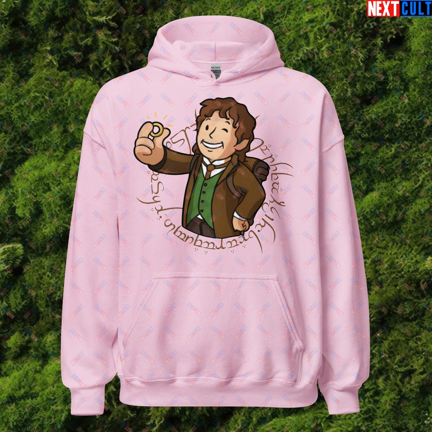 Bilboy Bilbo Baggins Lord of the Rings Vault Boy Fallout Funny Cartoon Mashup Unisex Hoodie Light Pink Hoodies Fallout Lord of the Rings Movies Vault Boy Next Cult Brand