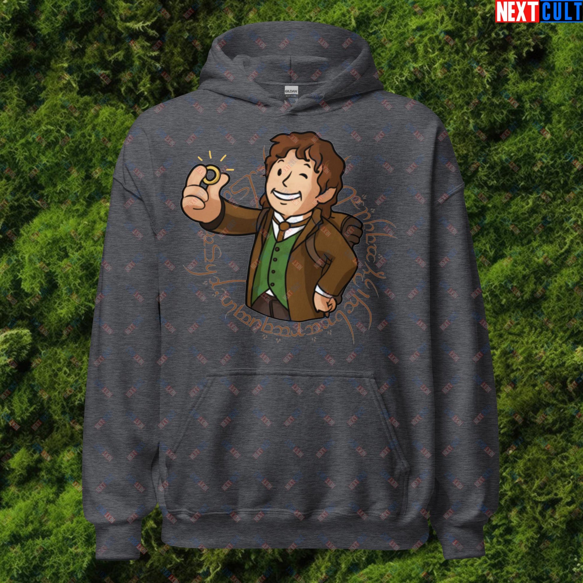 Bilboy Bilbo Baggins Lord of the Rings Vault Boy Fallout Funny Cartoon Mashup Unisex Hoodie Dark Heather Hoodies Fallout Lord of the Rings Movies Vault Boy Next Cult Brand