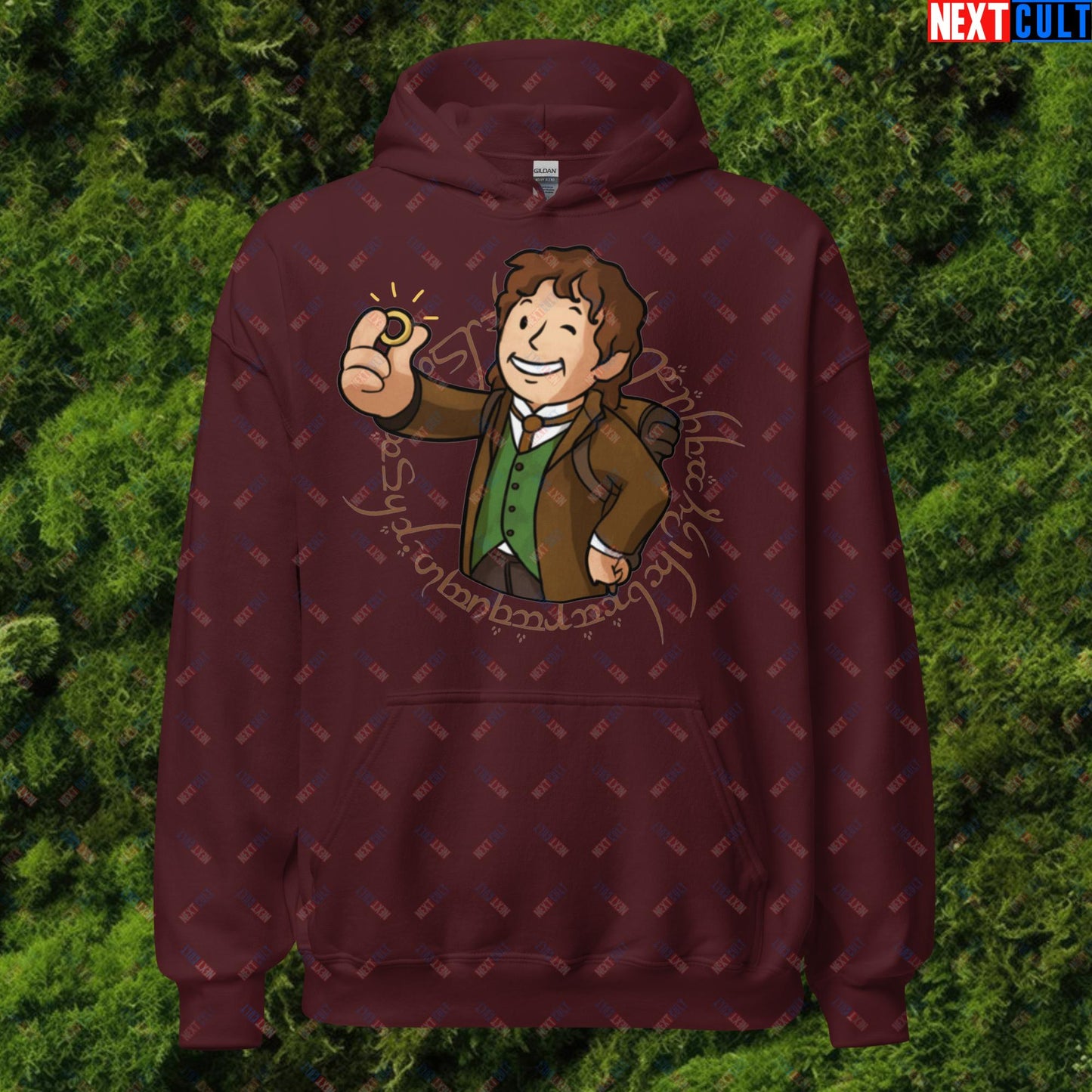 Bilboy Bilbo Baggins Lord of the Rings Vault Boy Fallout Funny Cartoon Mashup Unisex Hoodie Maroon Hoodies Fallout Lord of the Rings Movies Vault Boy Next Cult Brand